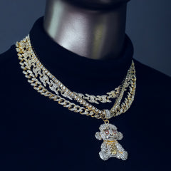 Monkey Cz 4 Pcs Set Puffy Mariner Chain, Tennis Chain & Miami Cuban Chain Bundle Gold PT