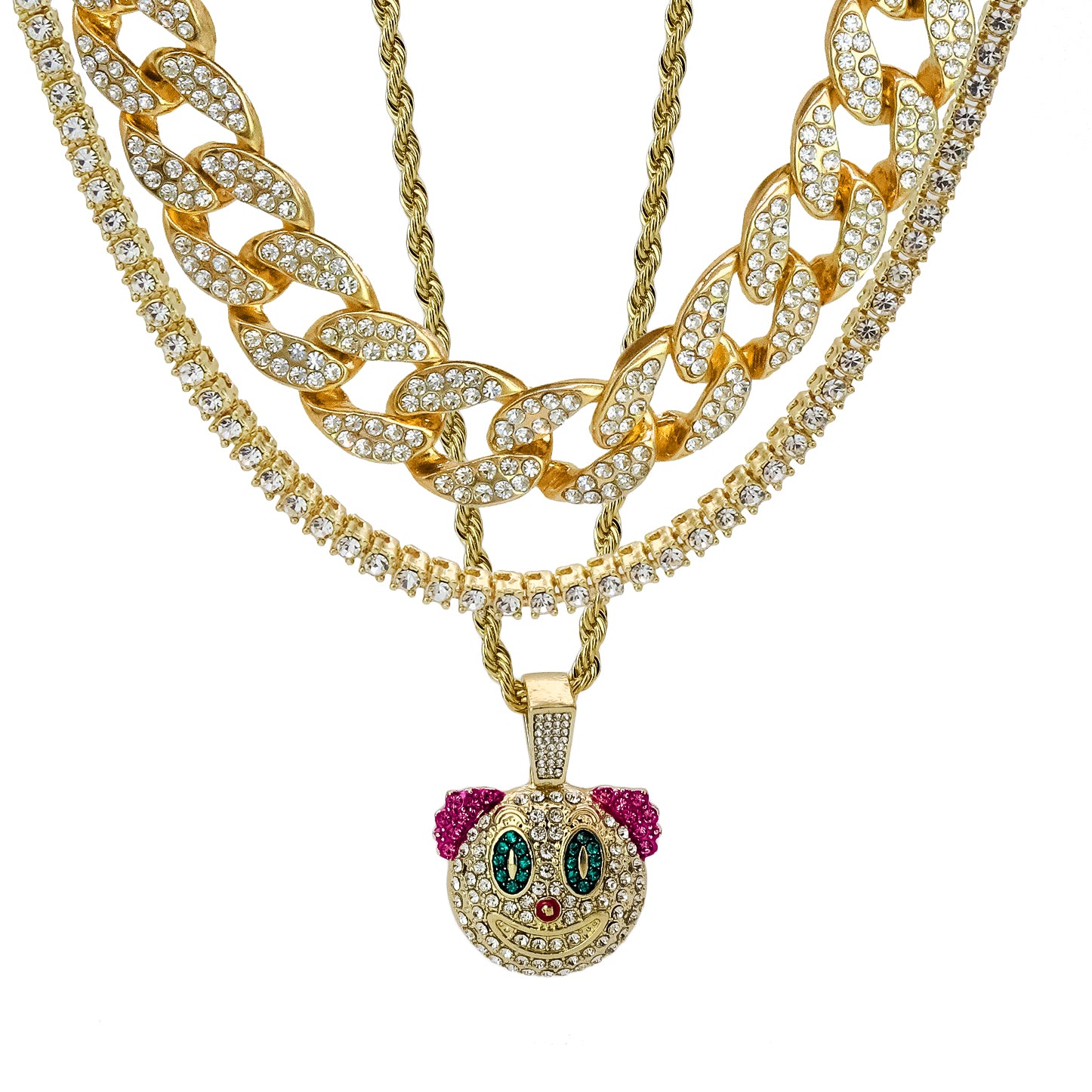 Clown 4 Pcs Set Cuban, Tennis Clear Cz & Rope Chain Bundle Gold PT