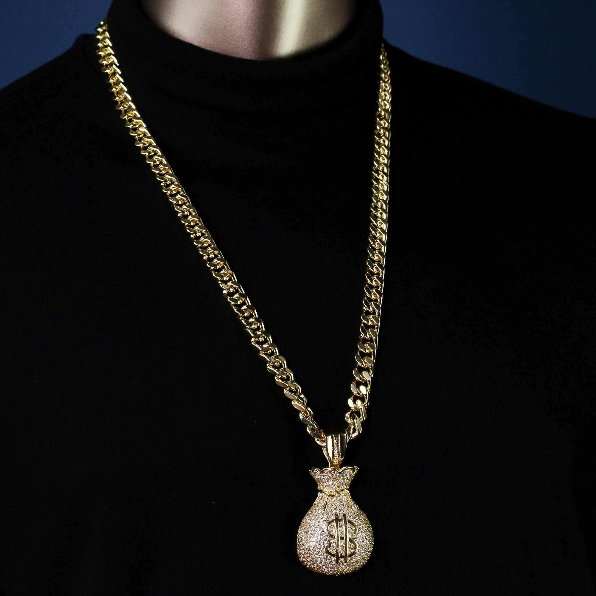 Men's Gold Plated Hip-Hop XL Fully Cz Money Bag Cuban 10mm 30 & Bracelet 3pc Set