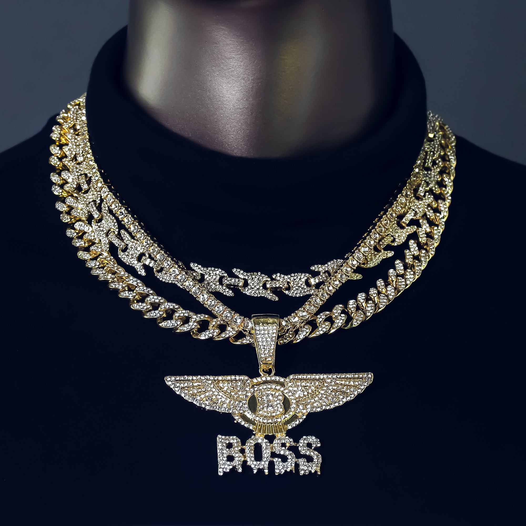 Wing Boss Drip Cz 4 Pcs Set Puffy Mariner Chain, Tennis Chain & Miami Cuban Chain Bundle Gold PT