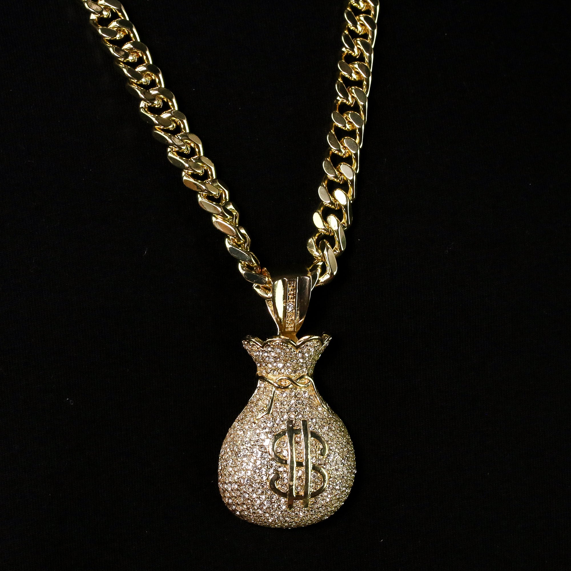 Men's Gold Plated Hip-Hop XL Fully Cz Money Bag Cuban 10mm 30 & Bracelet 3pc Set
