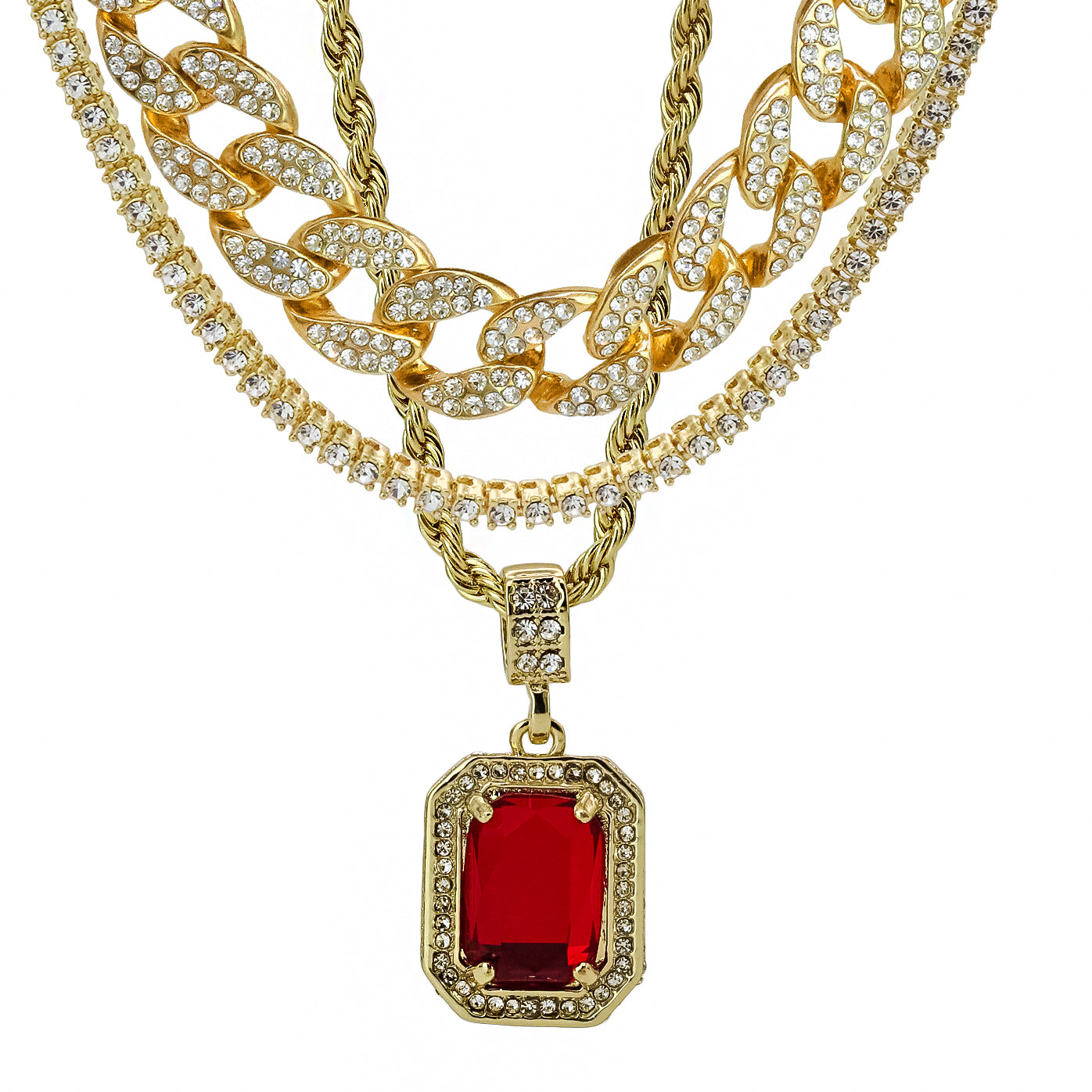 Red Ruby 4 Pcs Set Cuban, Tennis Clear Cz & Rope Chain Bundle Gold PT
