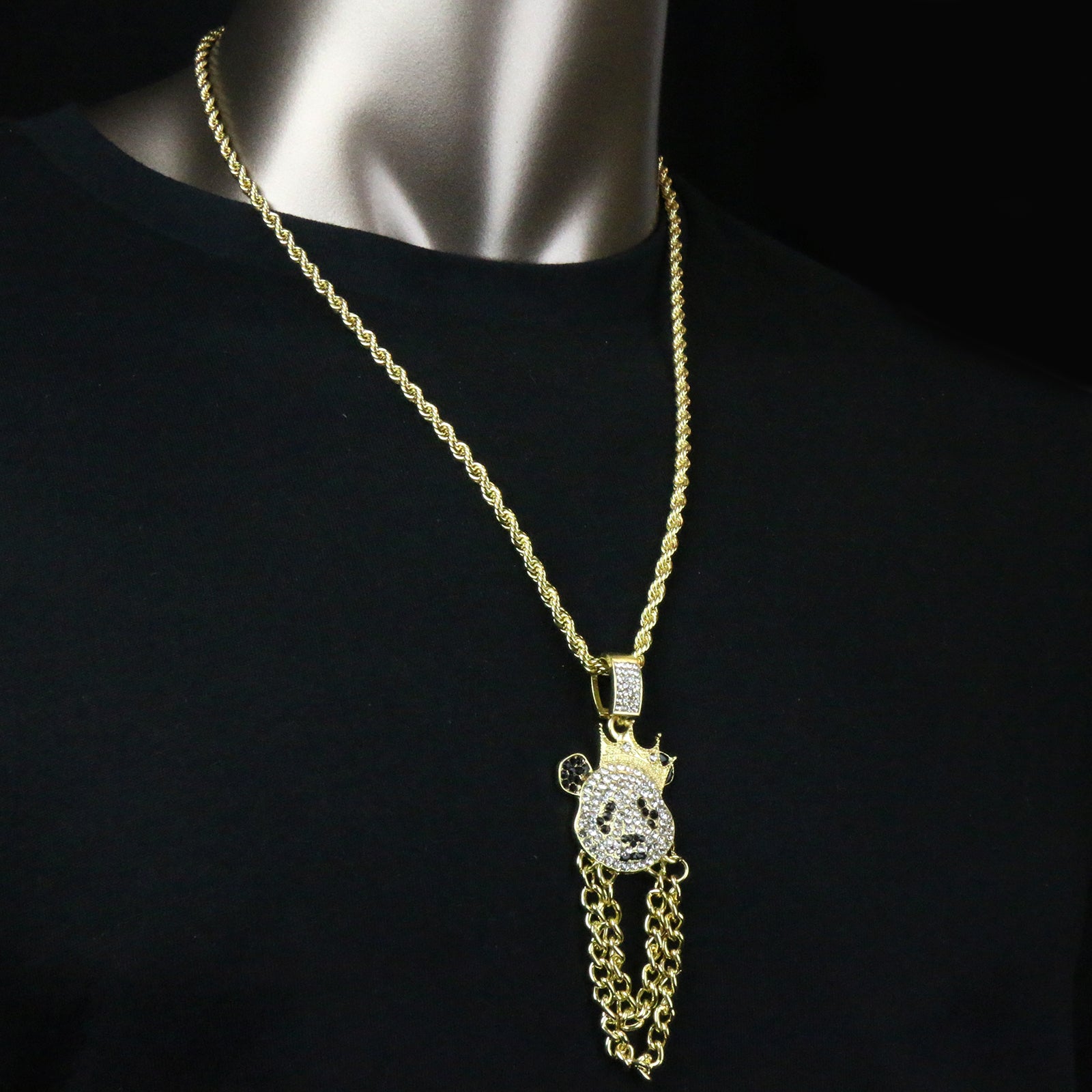 Cz Panda Crown Pendant 24"Inch 4mm Rope Chain