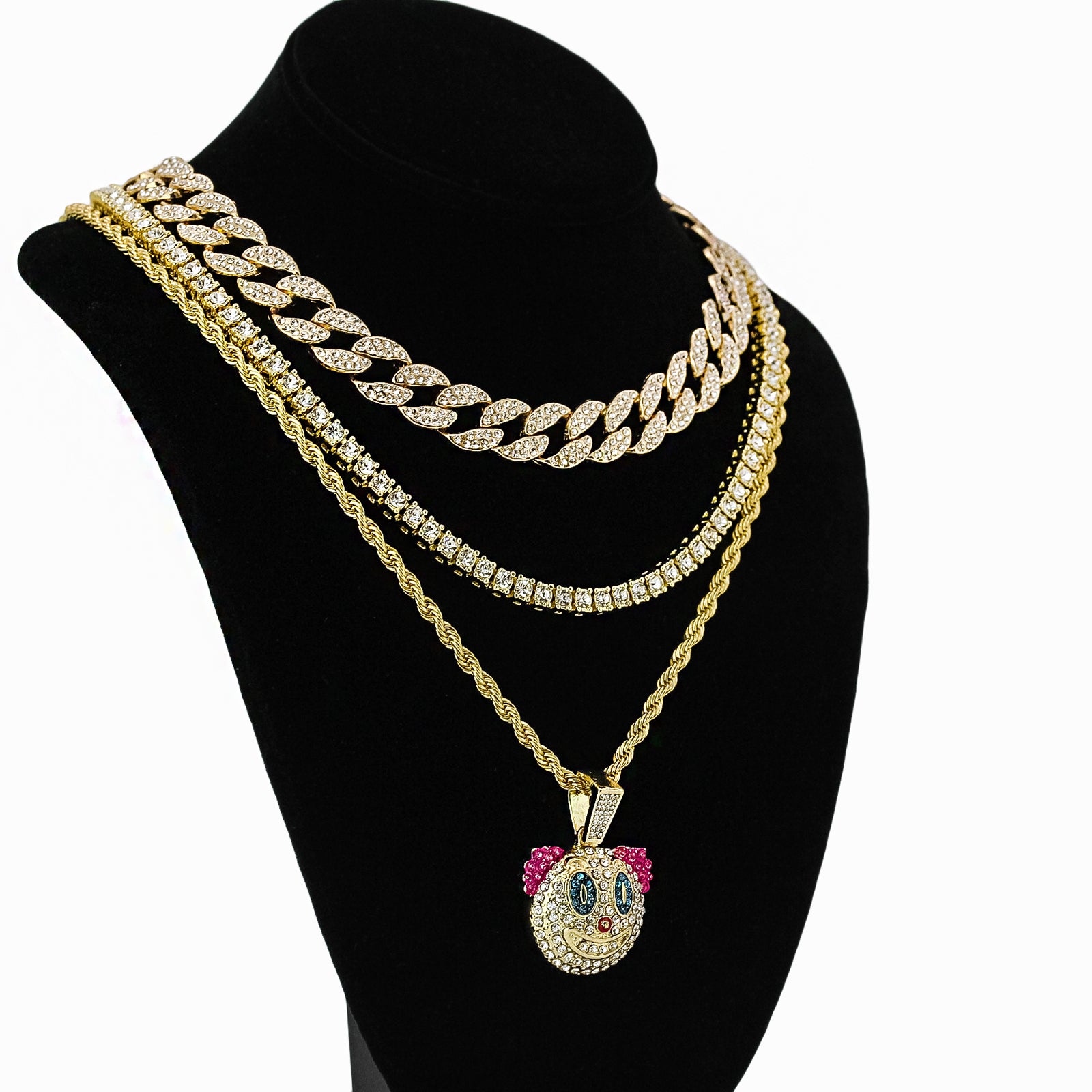Clown 4 Pcs Set Cuban, Tennis Clear Cz & Rope Chain Bundle Gold PT