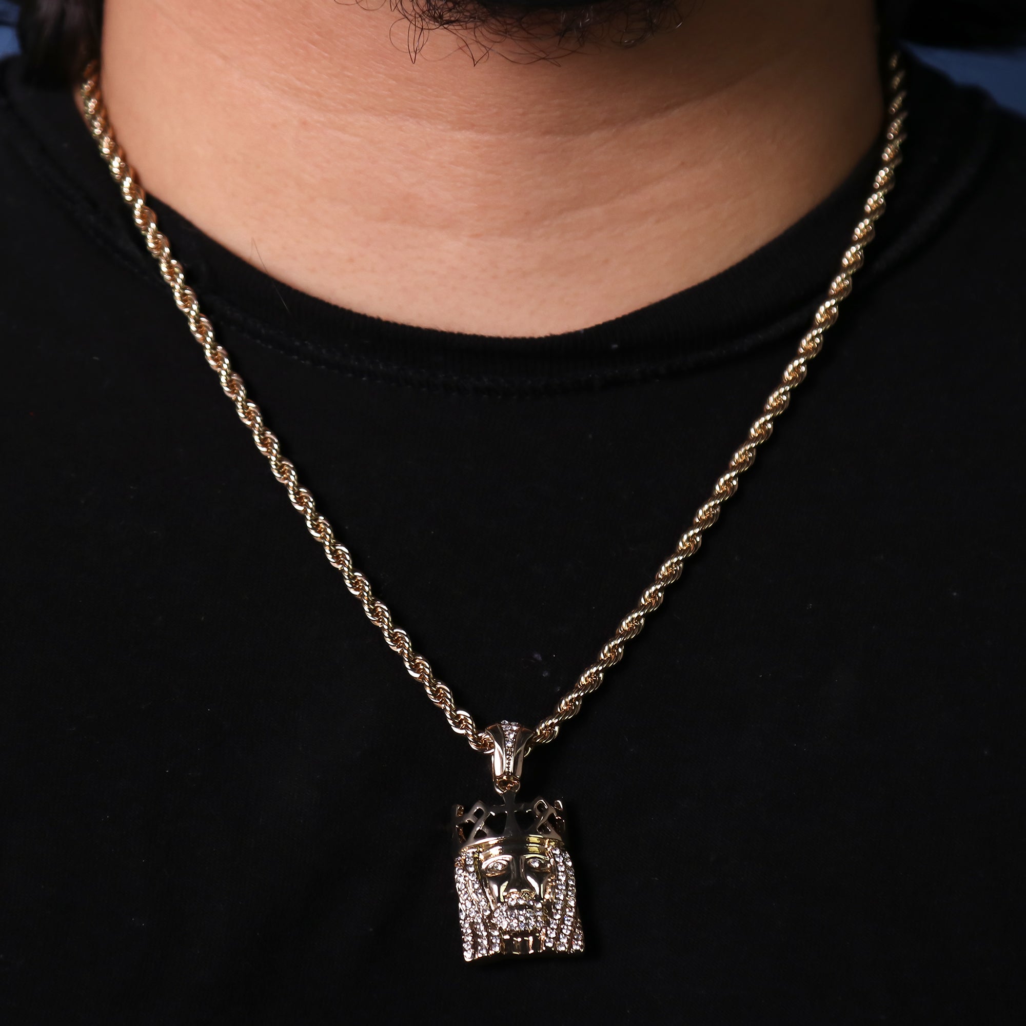 Mini Royal Crown Jesus Pendant 24" Rope Chain Hip Hop 18k Cz Jewelry Necklace