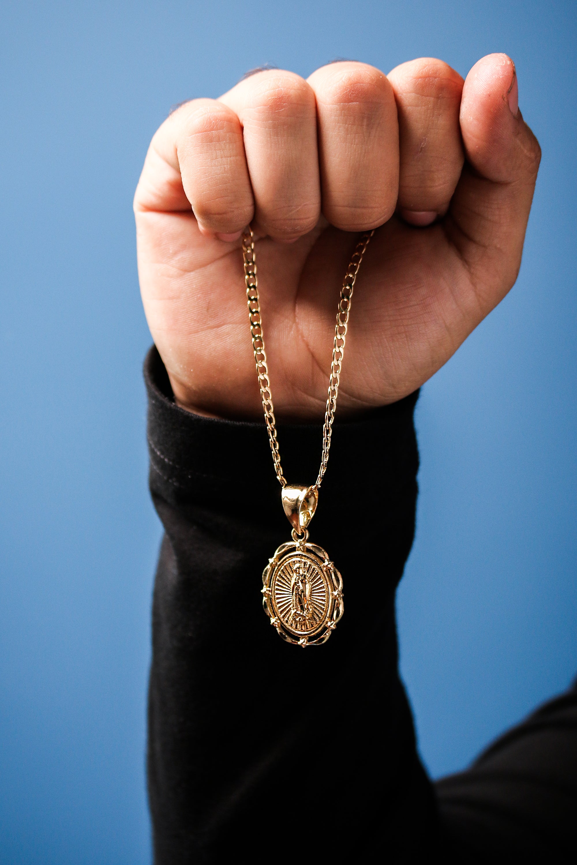 Virgin Mary Diamond Cut Hollow Pendant Cuban Chain 14k Gold PT