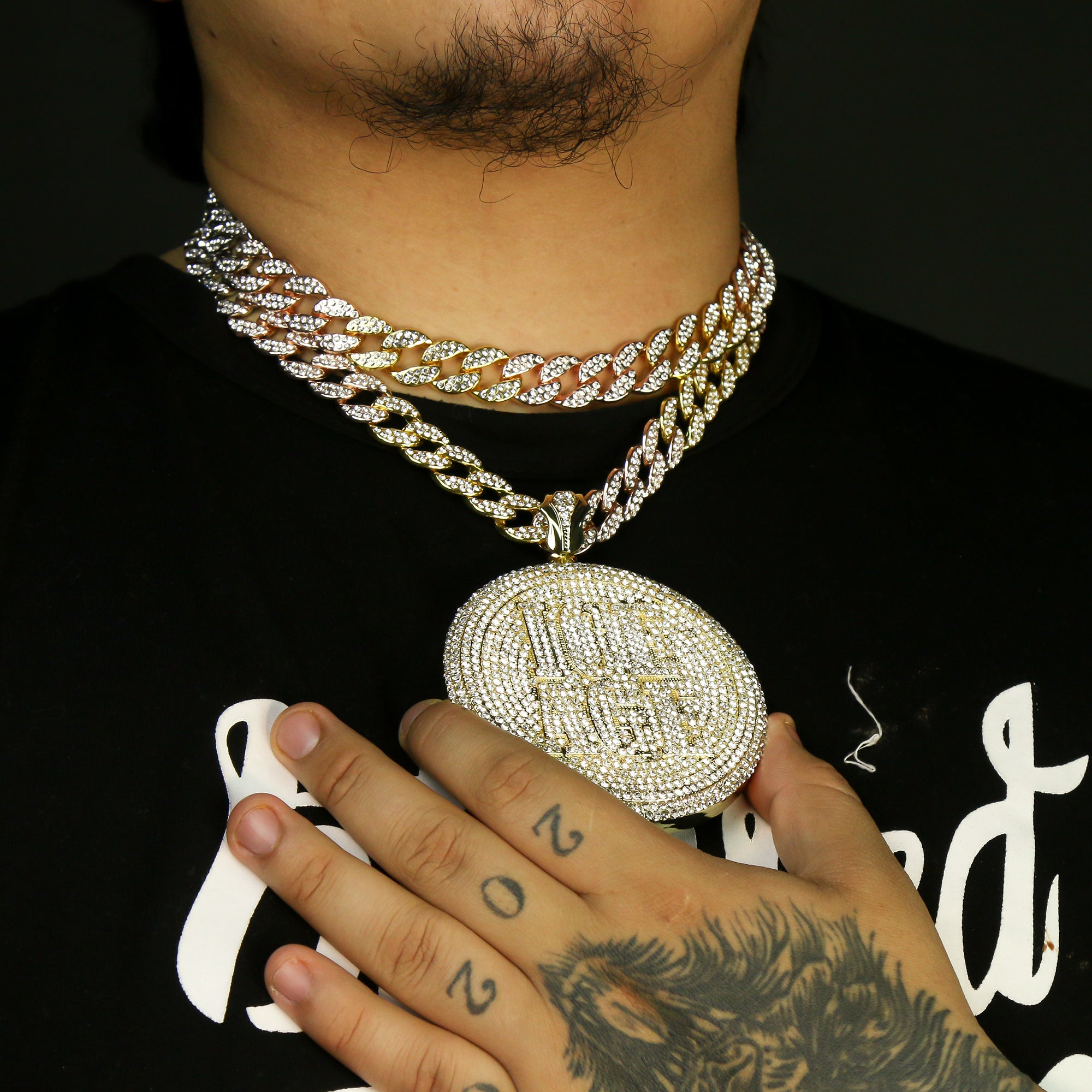 3pc Set – Huge ICE AGE Round Pendant & 3-Tone Iced Cuban Chains 18"/20"