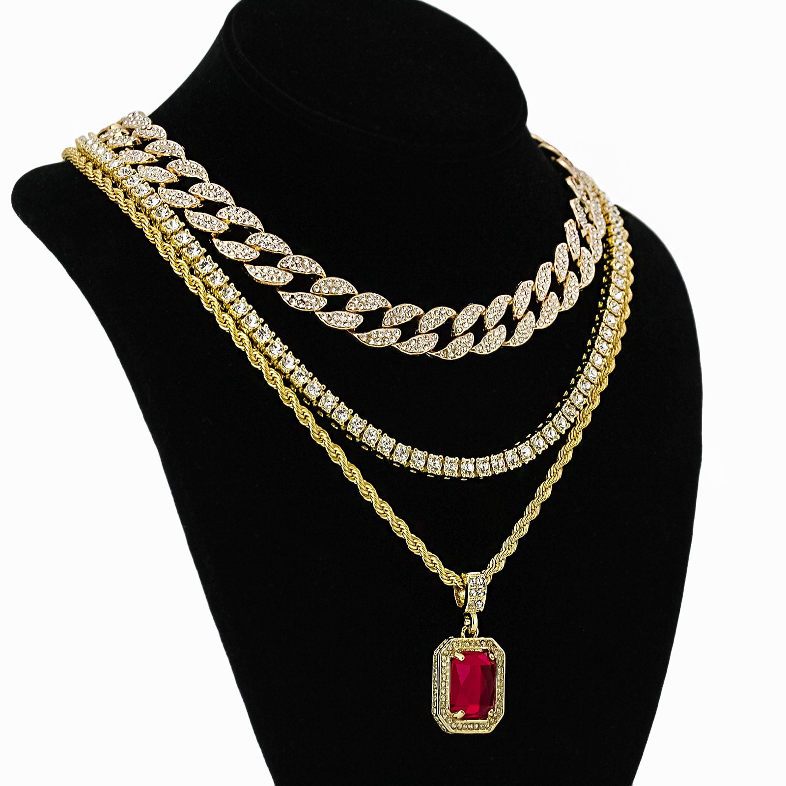 Red Ruby 4 Pcs Set Cuban, Tennis Clear Cz & Rope Chain Bundle Gold PT