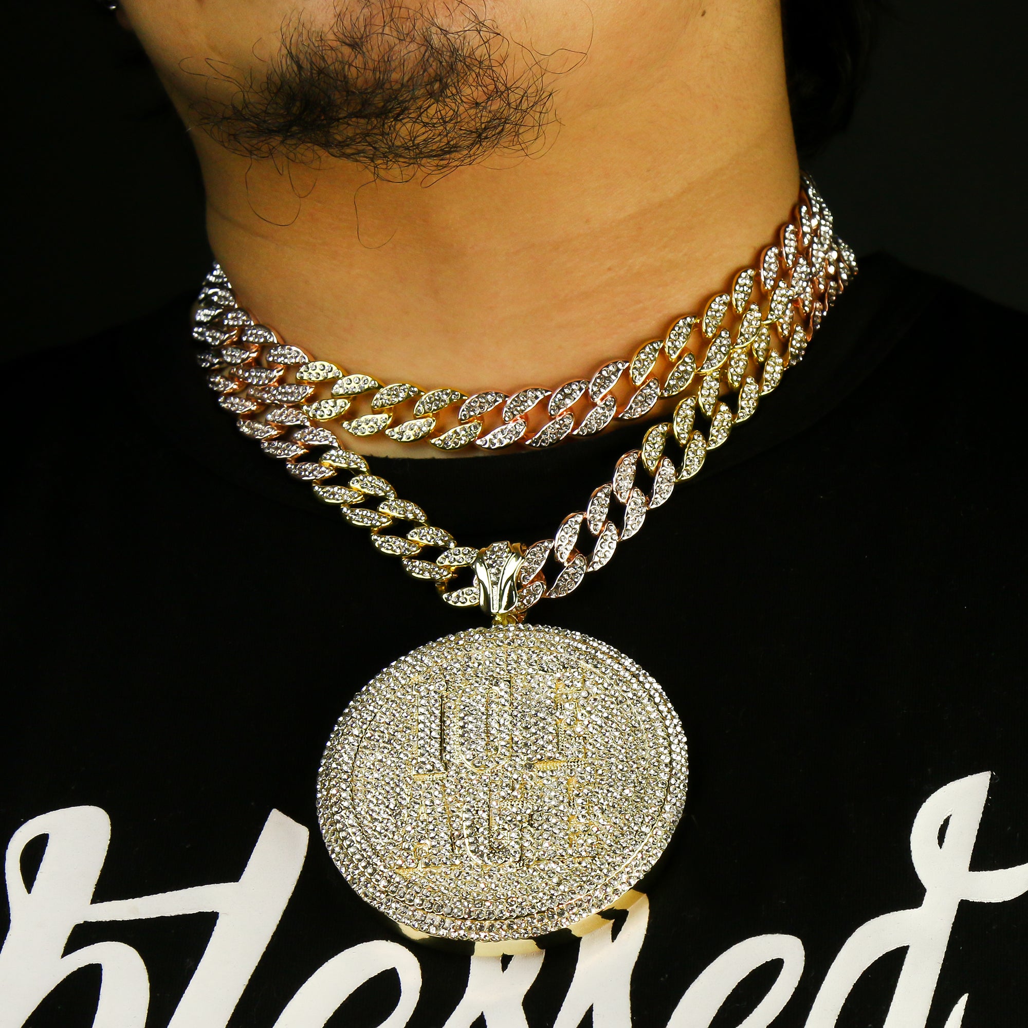 3pc Set – Huge ICE AGE Round Pendant & 3-Tone Iced Cuban Chains 18"/20"