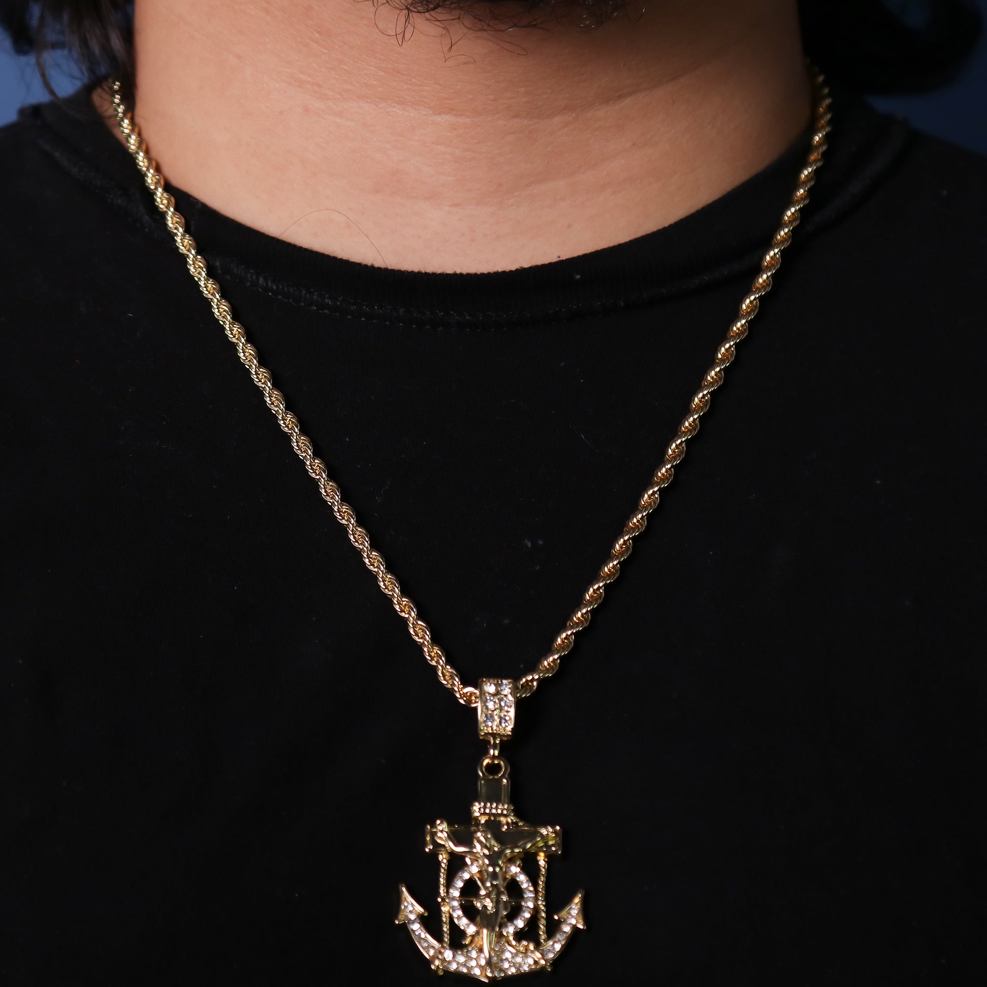 Jesus Anchor Pendant 24" Rope Chain Hip Hop 18k Cz Jewelry Necklace