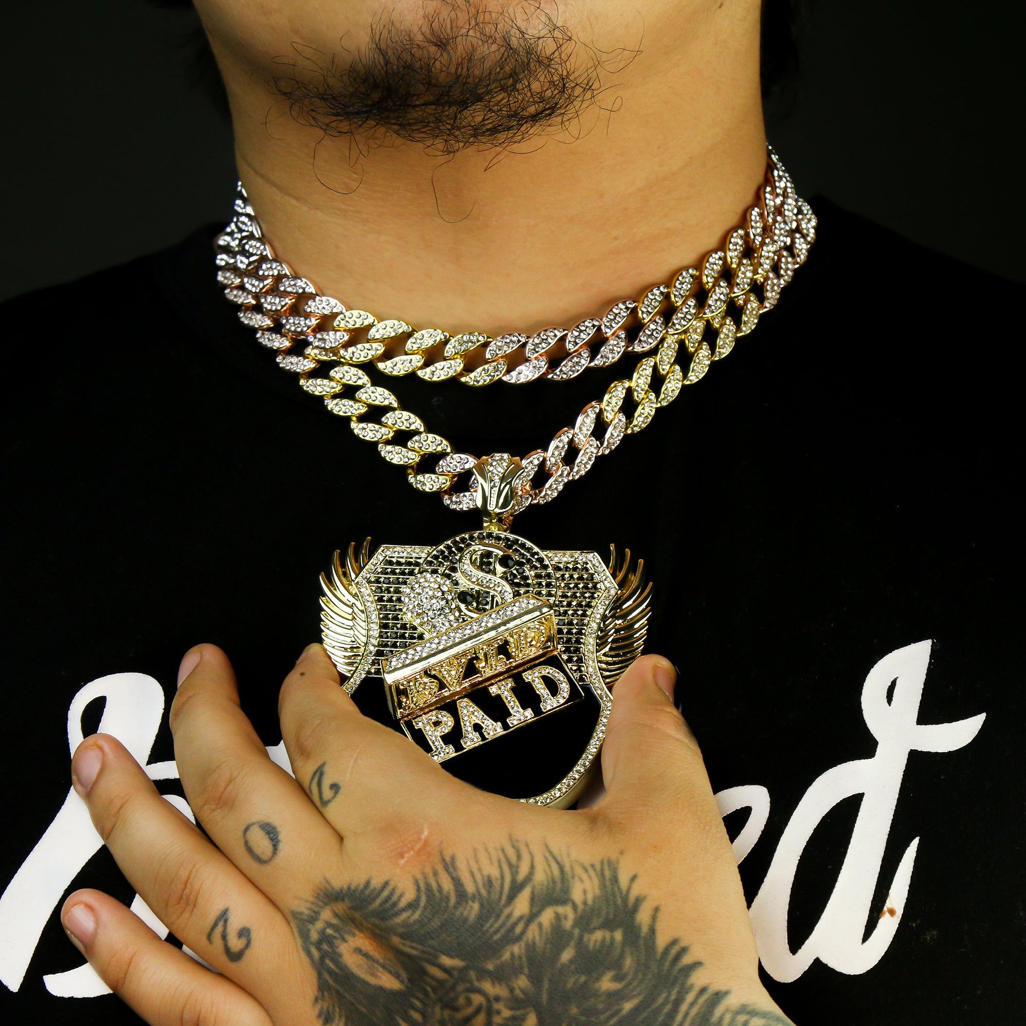 3pc Set – Large Paid Badge Pendant & 3-Tone Iced Cuban Chains 18"/20"