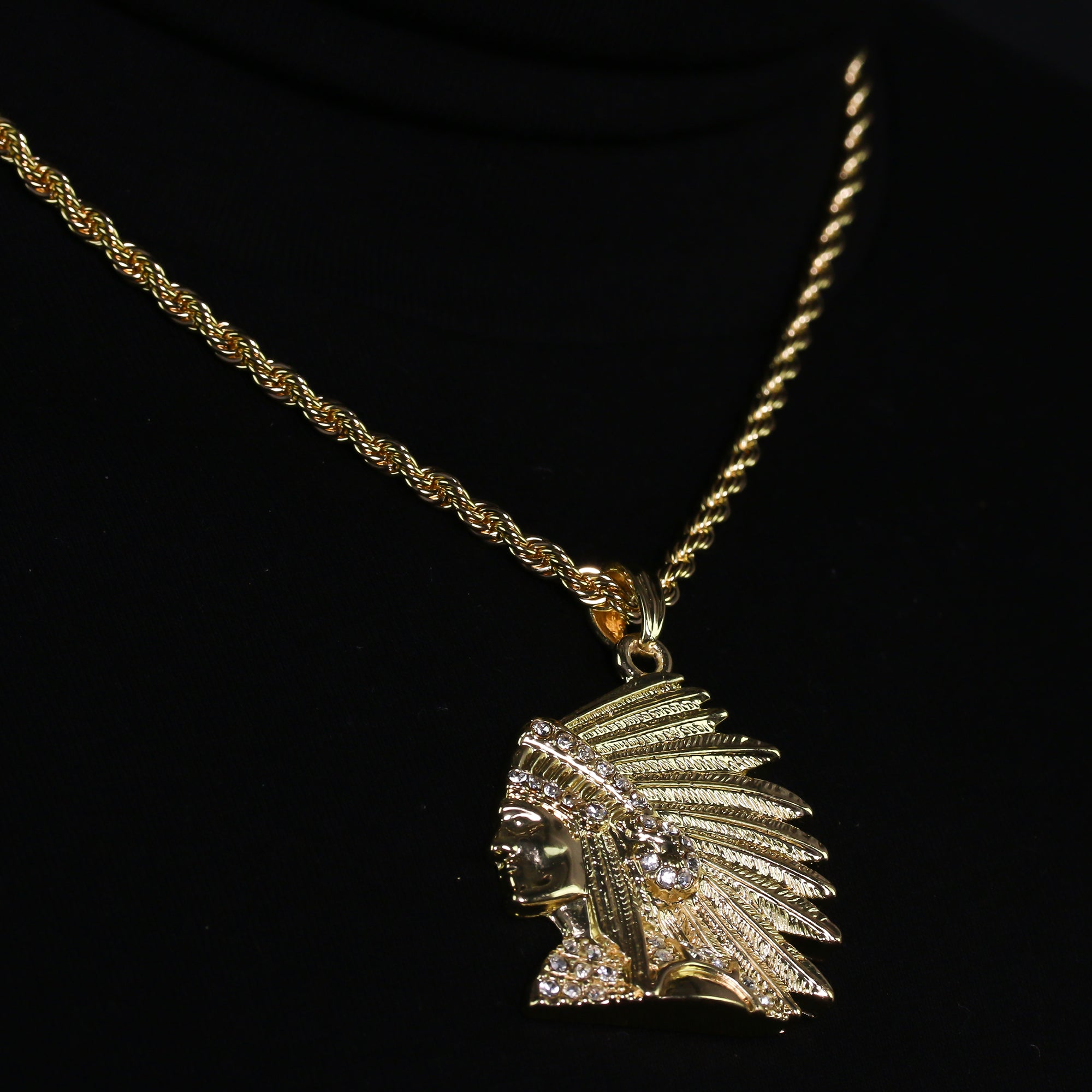 14k Gold Plated Hip-Hop Cz Indian Head Pendant 20" Choker Rope Chain Necklace