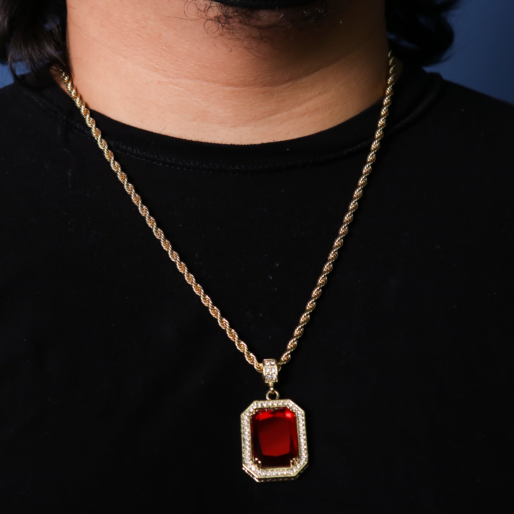 Cz Red Ruby Pendant 24" Rope Chain Hip Hop 18k Cz Jewelry Necklace