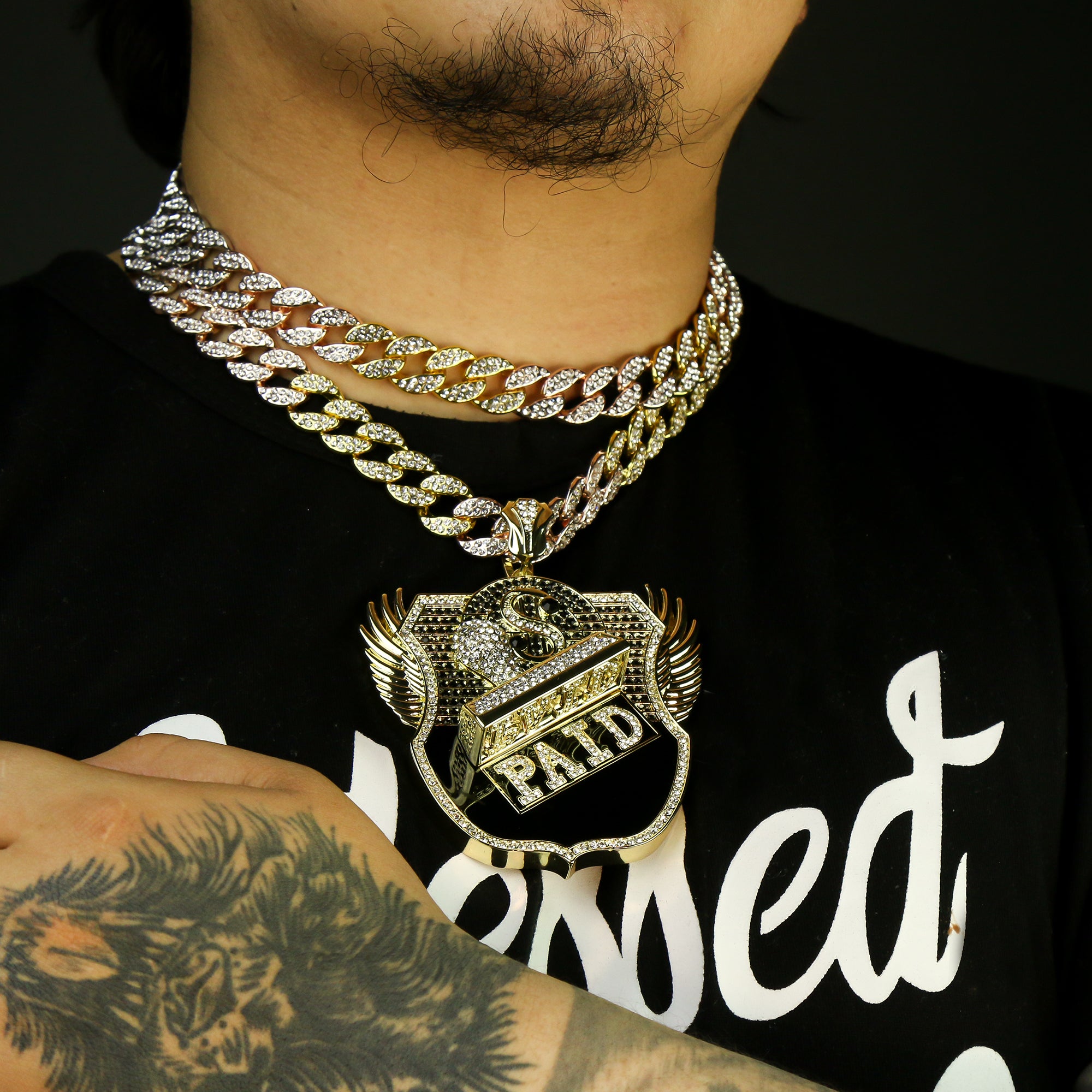 3pc Set – Large Paid Badge Pendant & 3-Tone Iced Cuban Chains 18"/20"