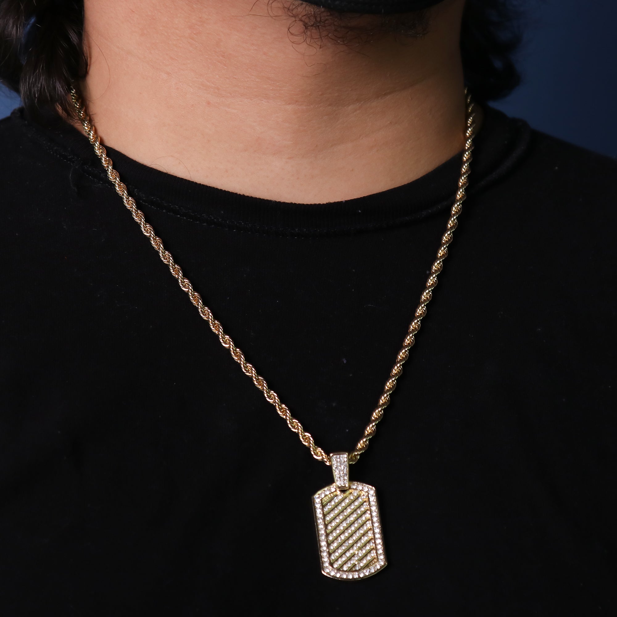 Cz Lined Dog Tag Pendant 24" Rope Chain Hip Hop 18k Cz Jewelry Necklace