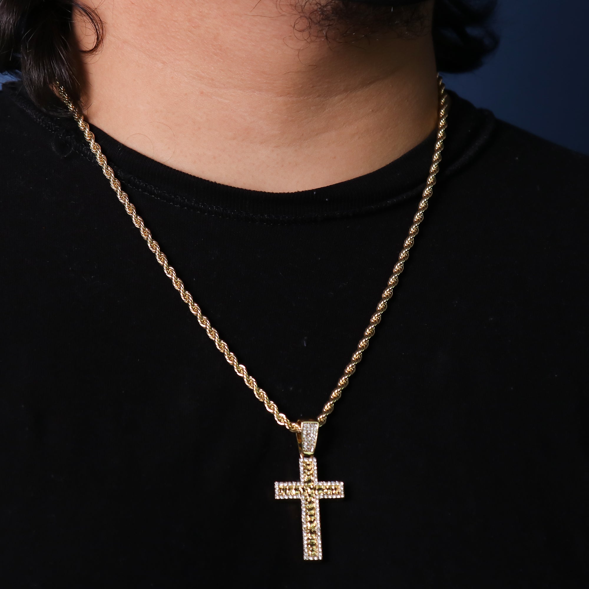 Cz Nugget Cross Pendant 24" Rope Chain Hip Hop 18k Cz Jewelry Necklace