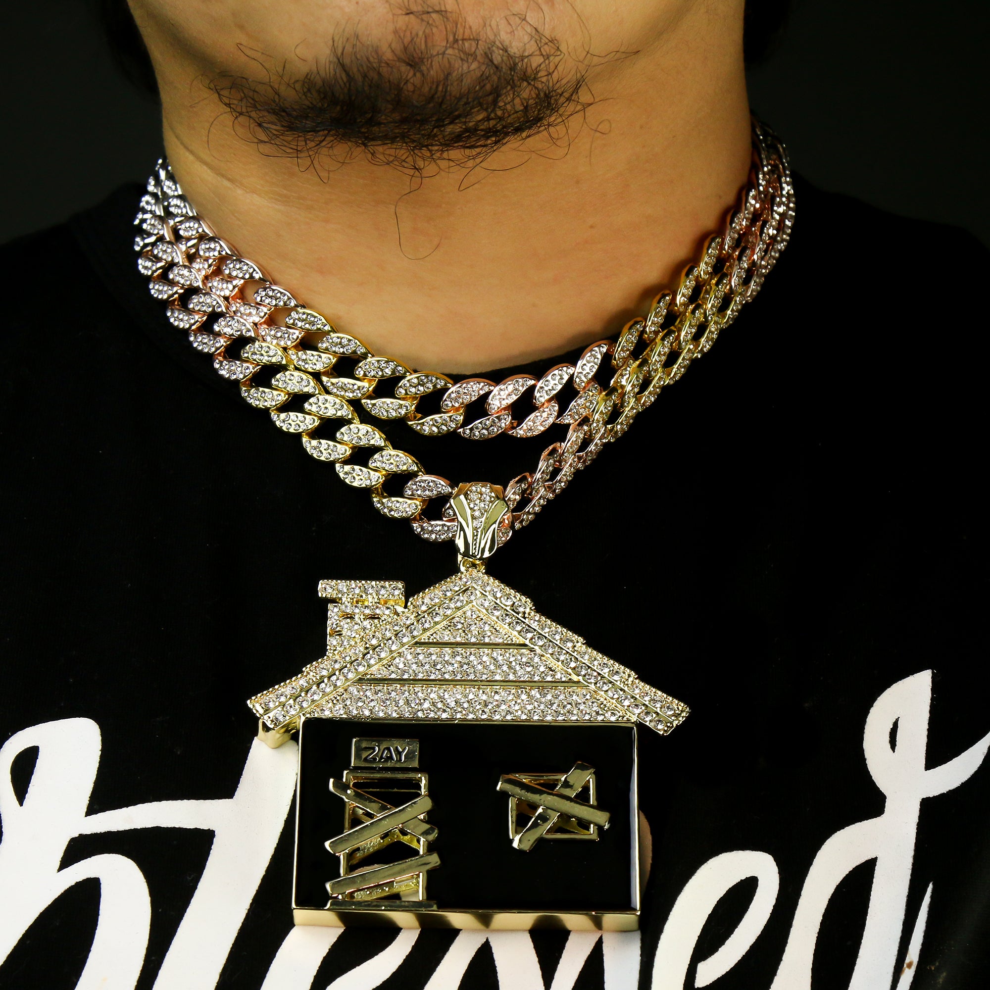 3pc Set – Huge Bando House Pendant & 3-Tone Iced Cuban Chains 18"/20"