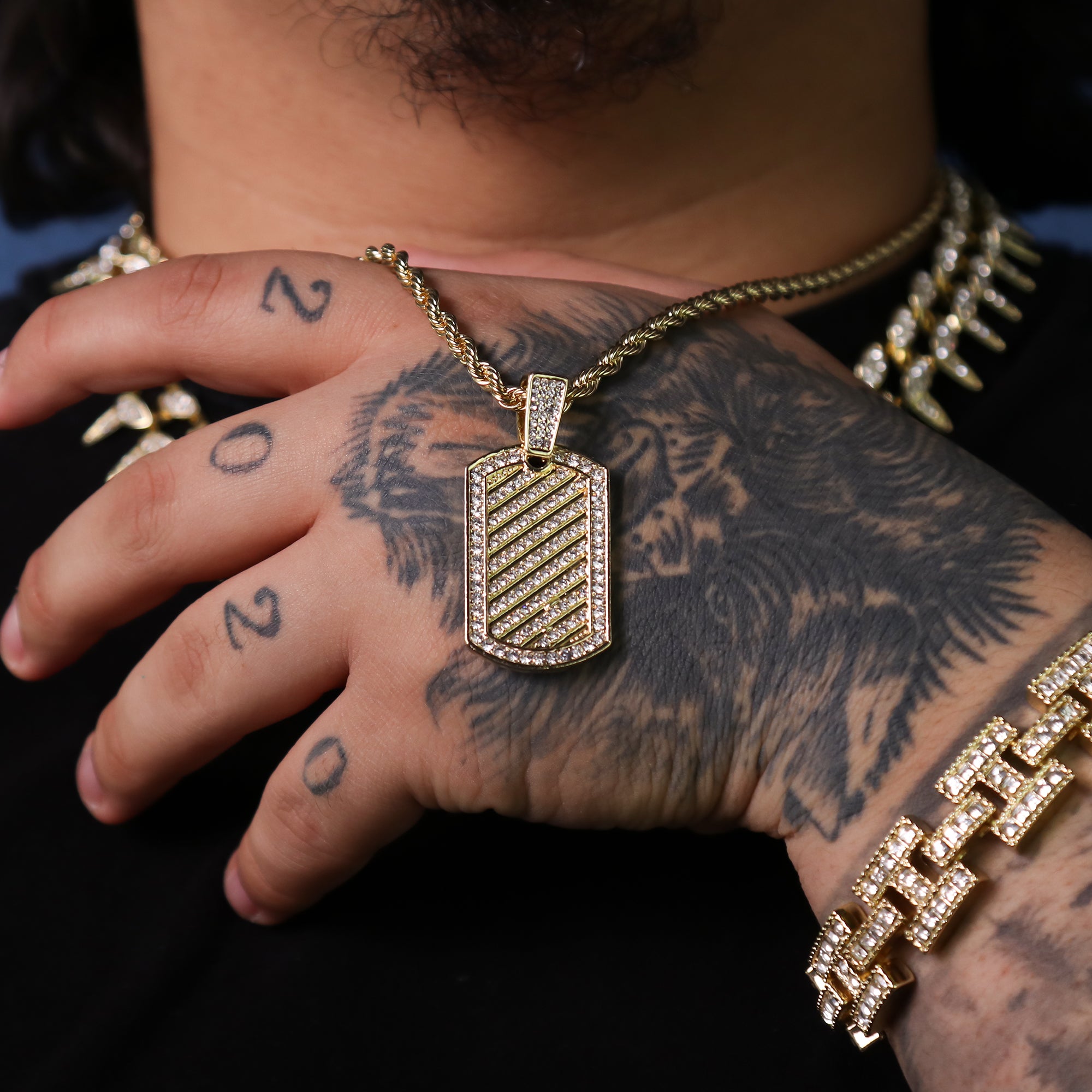 Cz Lined Dog Tag Pendant 24" Rope Chain Hip Hop 18k Cz Jewelry Necklace