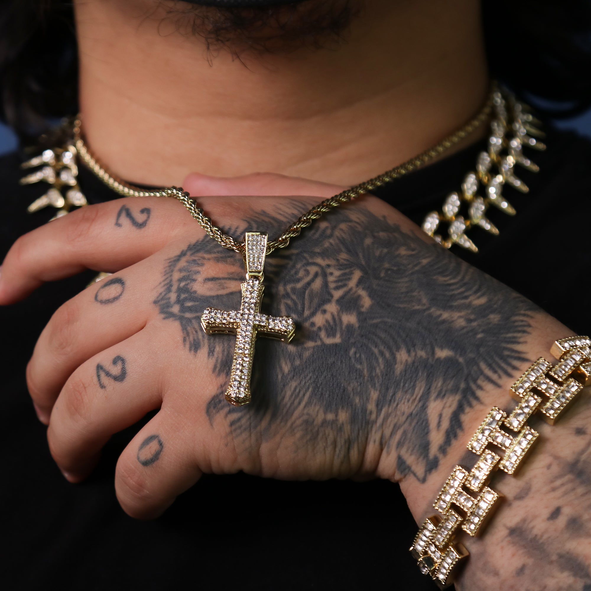 Sharp Two Cross Pendant 24" Rope Chain Hip Hop 18k Cz Jewelry Necklace