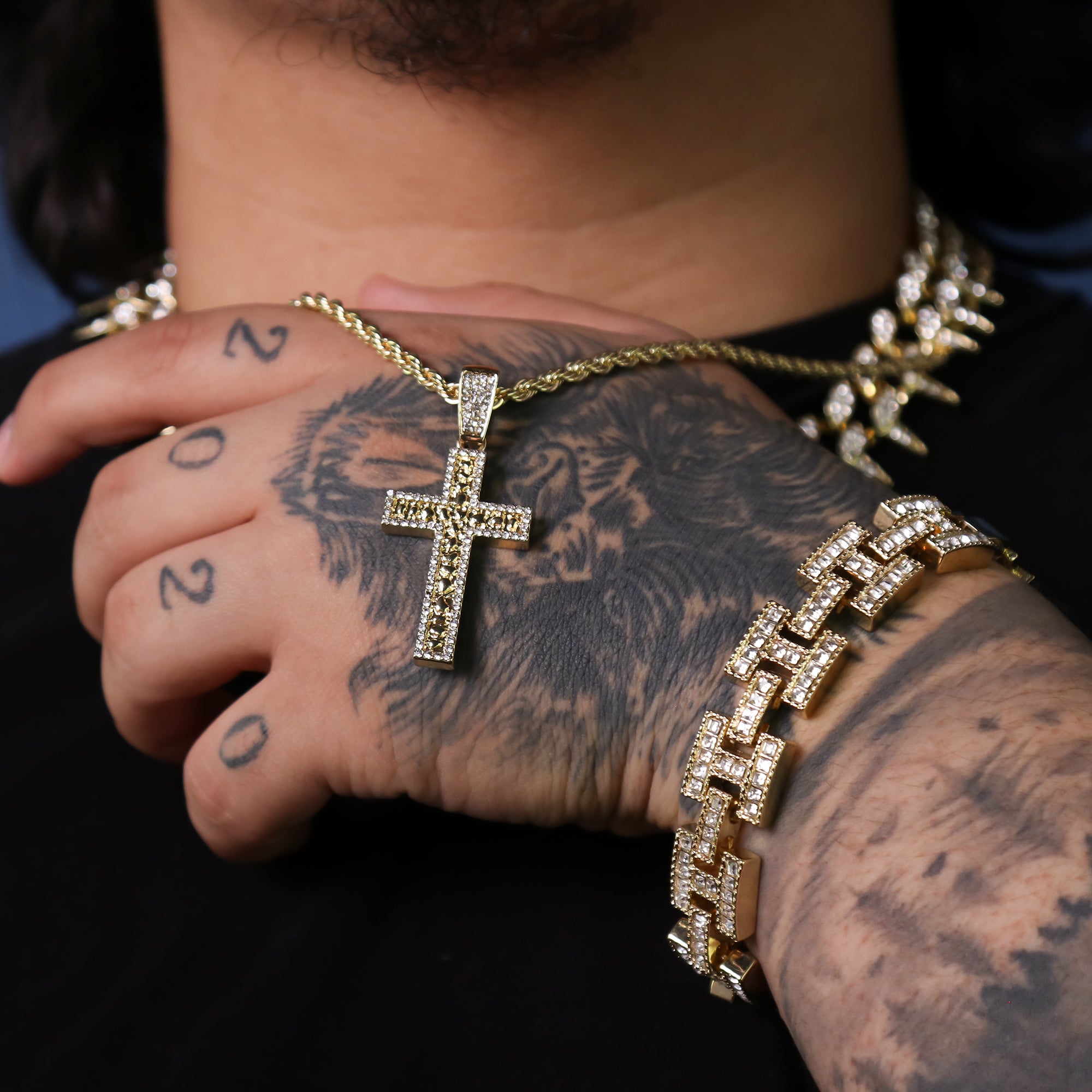 Cz Nugget Cross Pendant 24" Rope Chain Hip Hop 18k Cz Jewelry Necklace