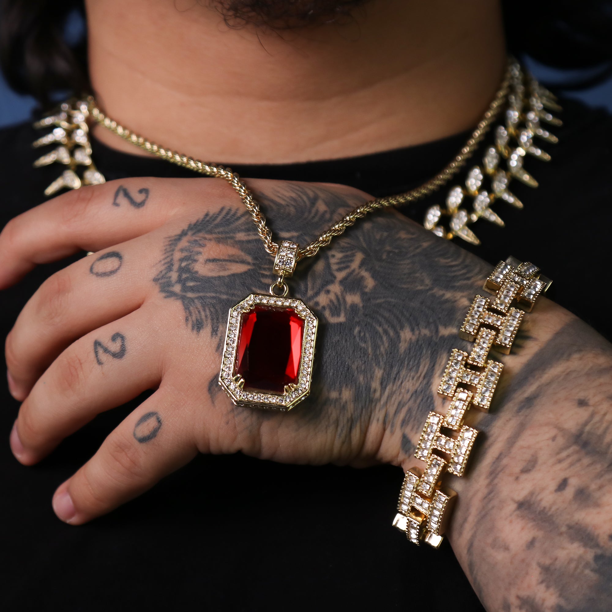 Cz Red Ruby Pendant 24" Rope Chain Hip Hop 18k Cz Jewelry Necklace