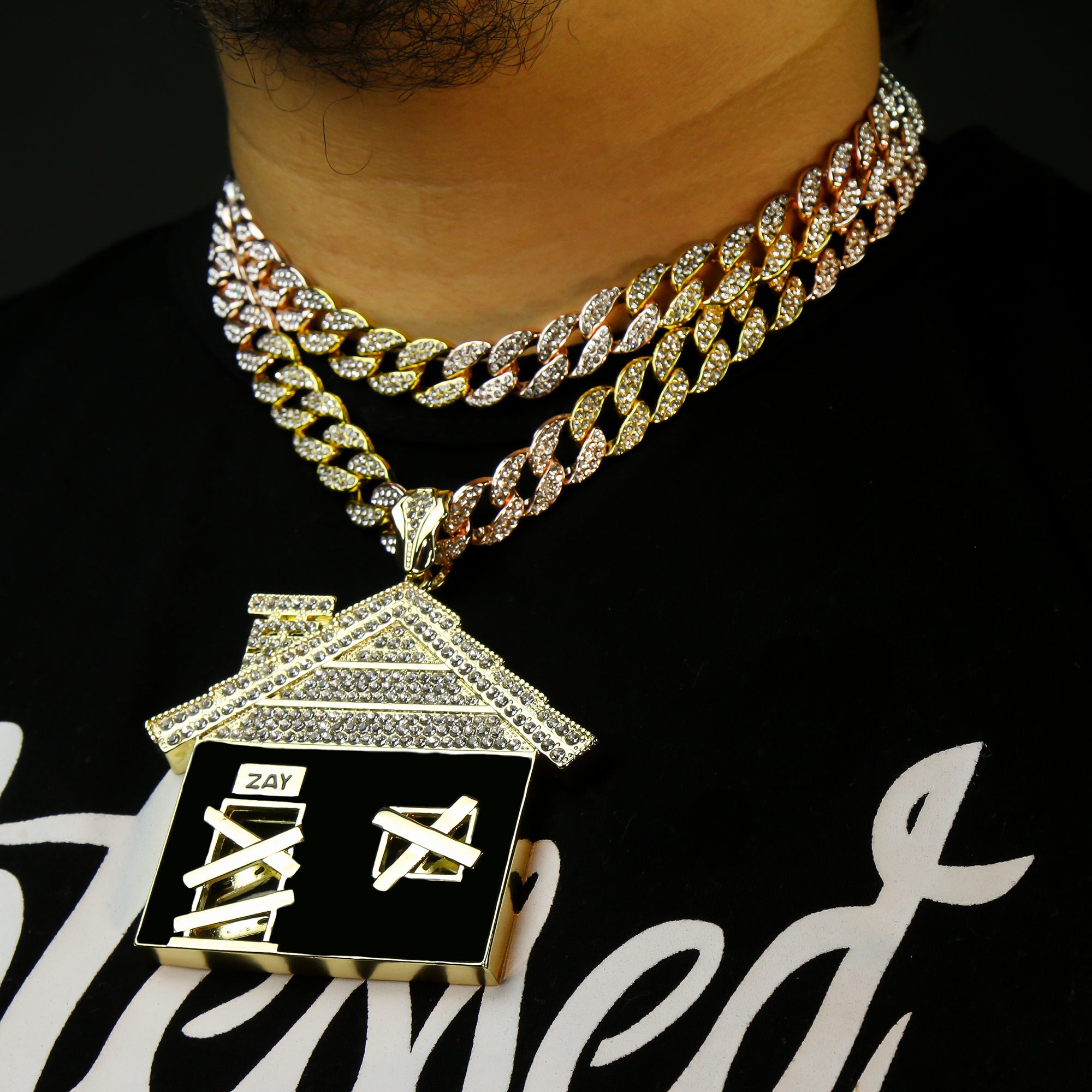 3pc Set – Huge Bando House Pendant & 3-Tone Iced Cuban Chains 18"/20"