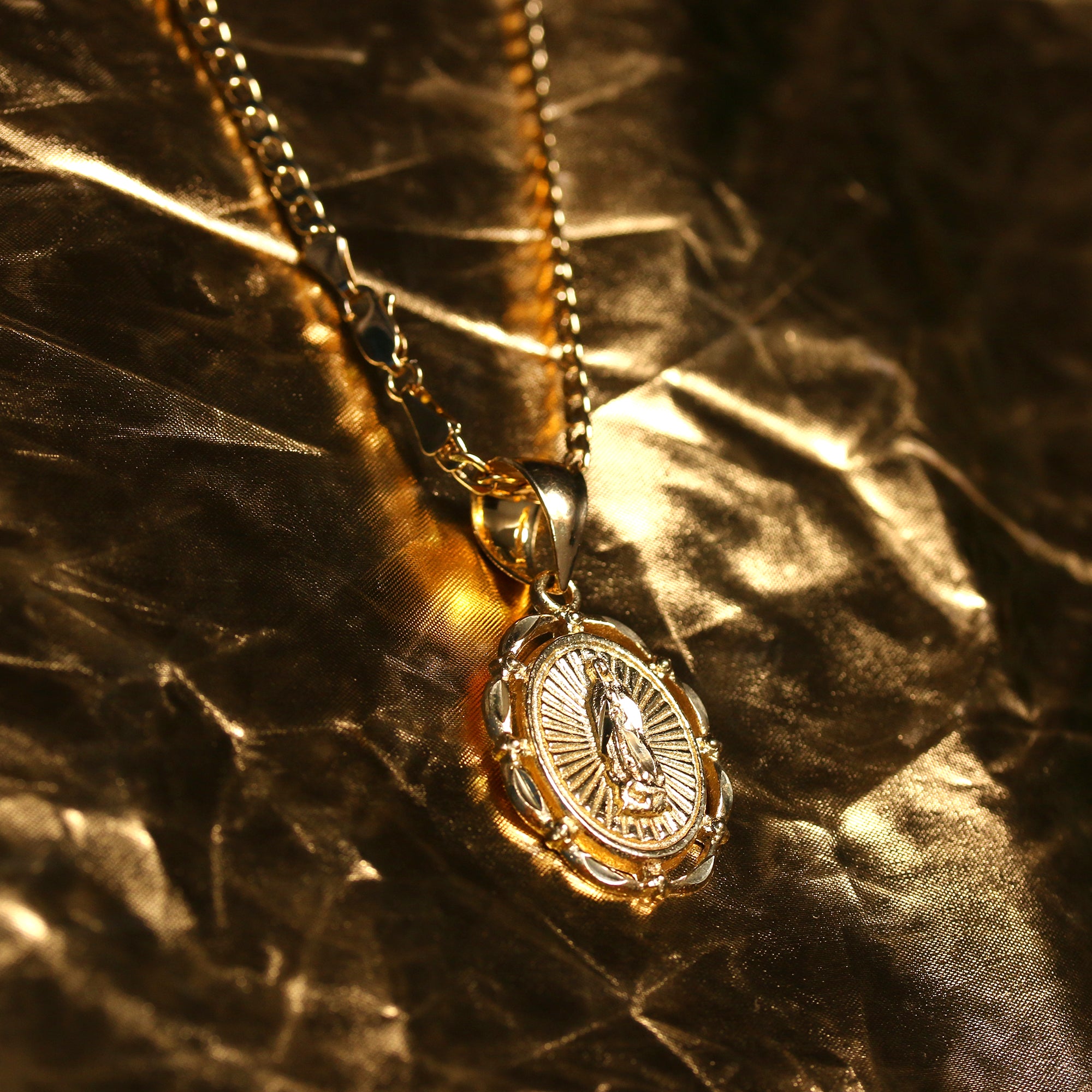 Virgin Mary Diamond Cut Hollow Pendant Cuban Chain 14k Gold PT