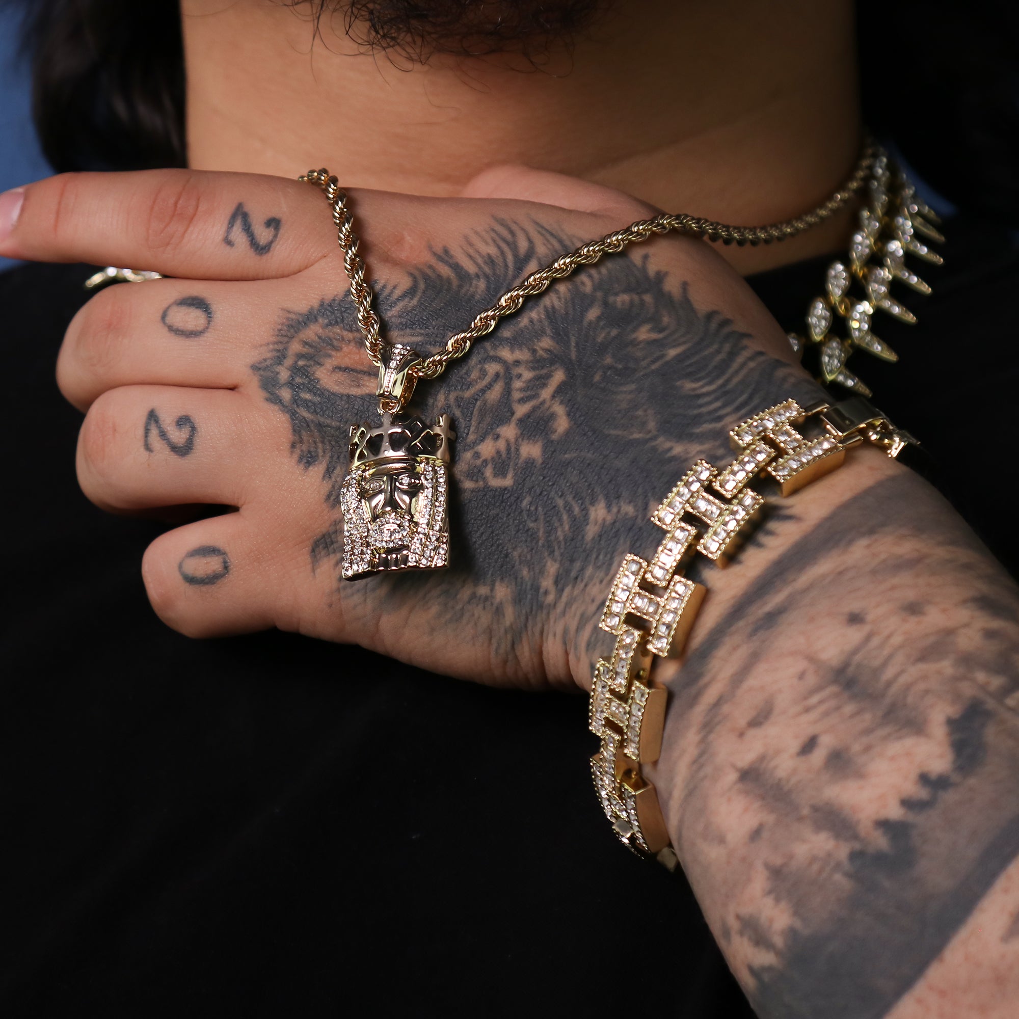 Mini Royal Crown Jesus Pendant 24" Rope Chain Hip Hop 18k Cz Jewelry Necklace