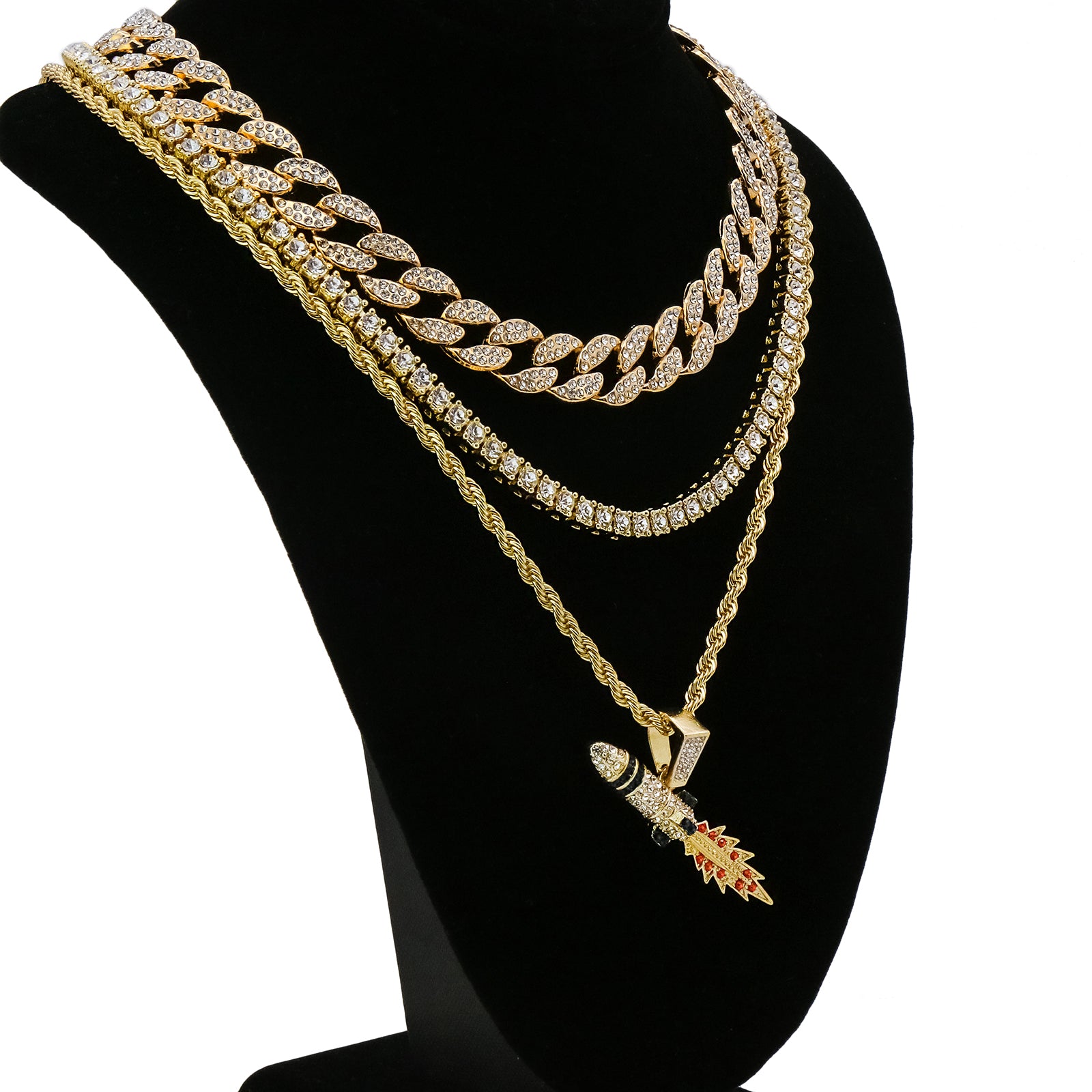 Rocket 4 Pcs Set Cuban, Tennis Clear Cz & Rope Chain Bundle Gold PT