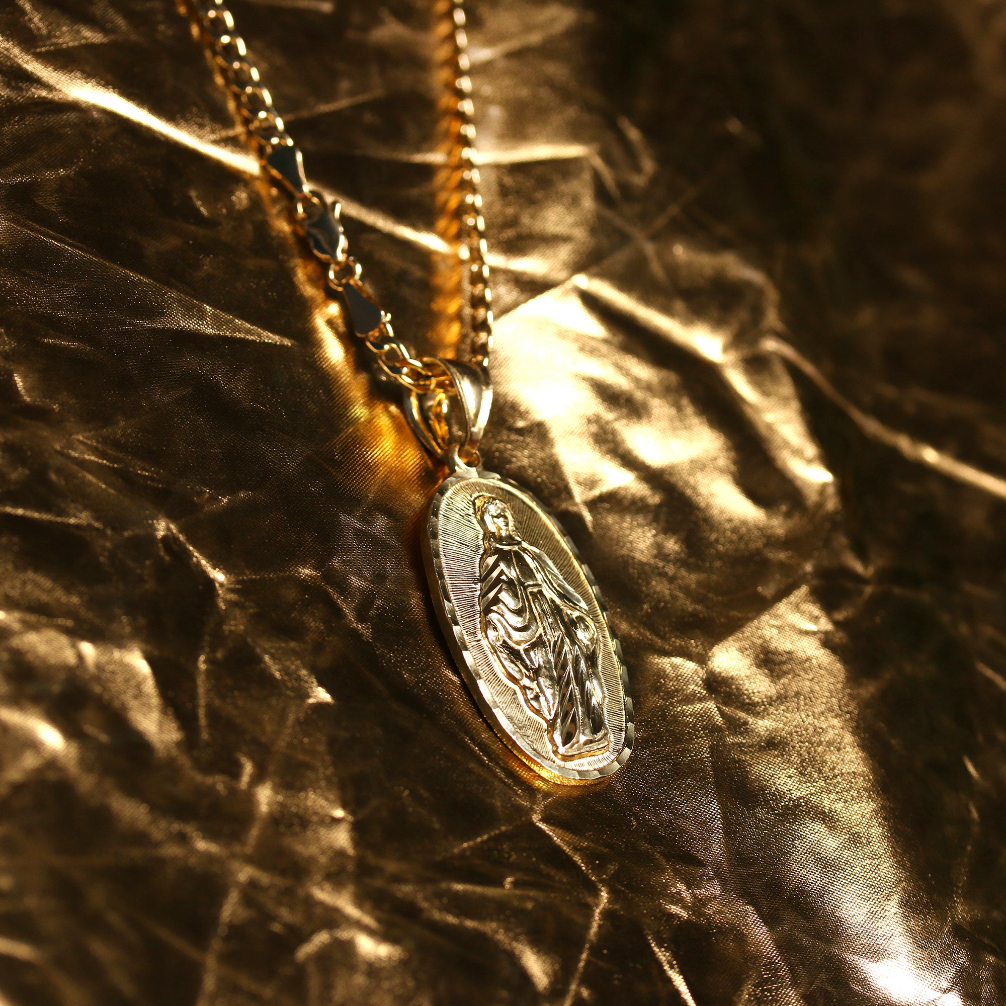 Our Lady Of Guadalupe Diamond Cut Pendant Cuban Chain 14k Gold PT