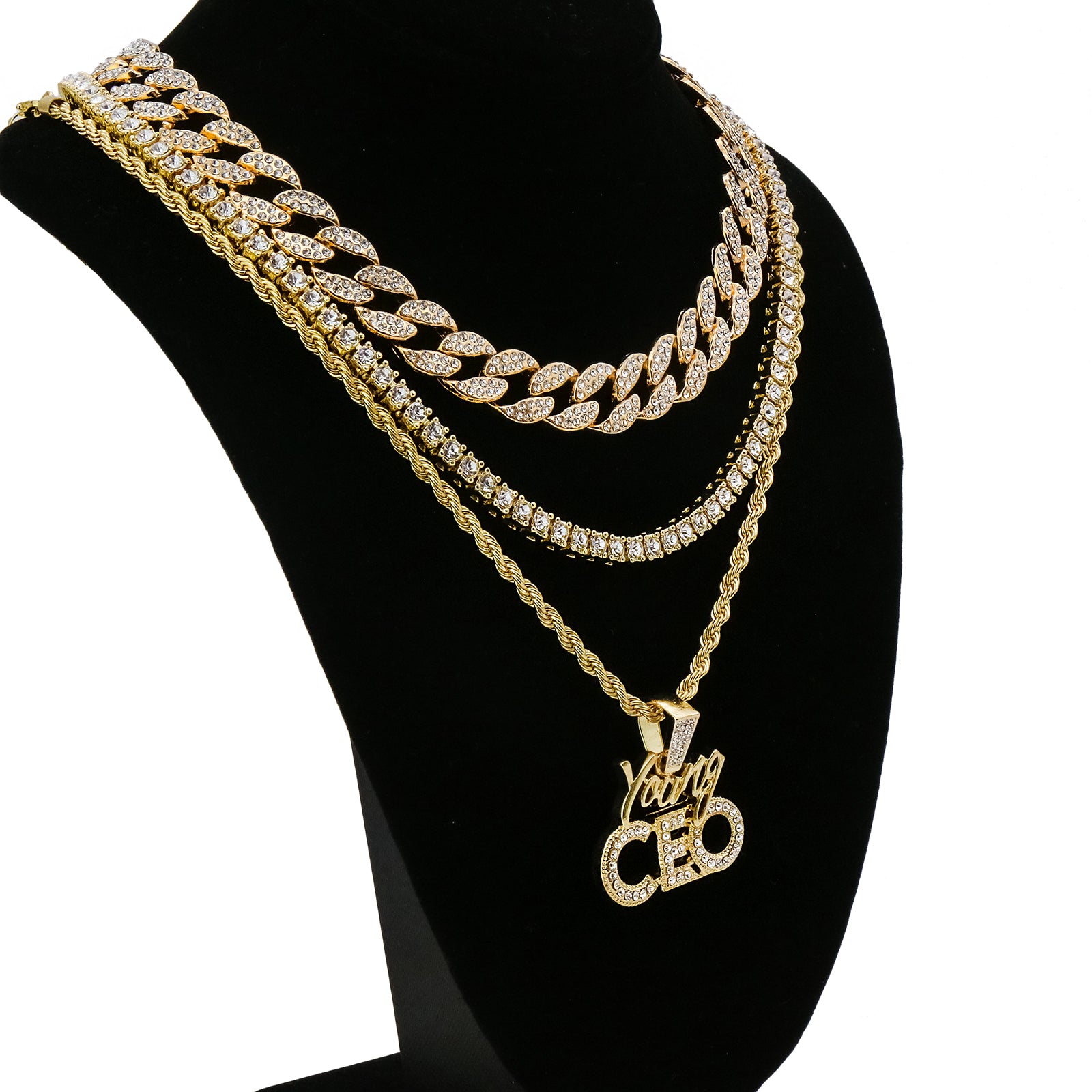 Young CEO 4 Pcs Set Cuban, Tennis Clear Cz & Rope Chain Bundle Gold PT