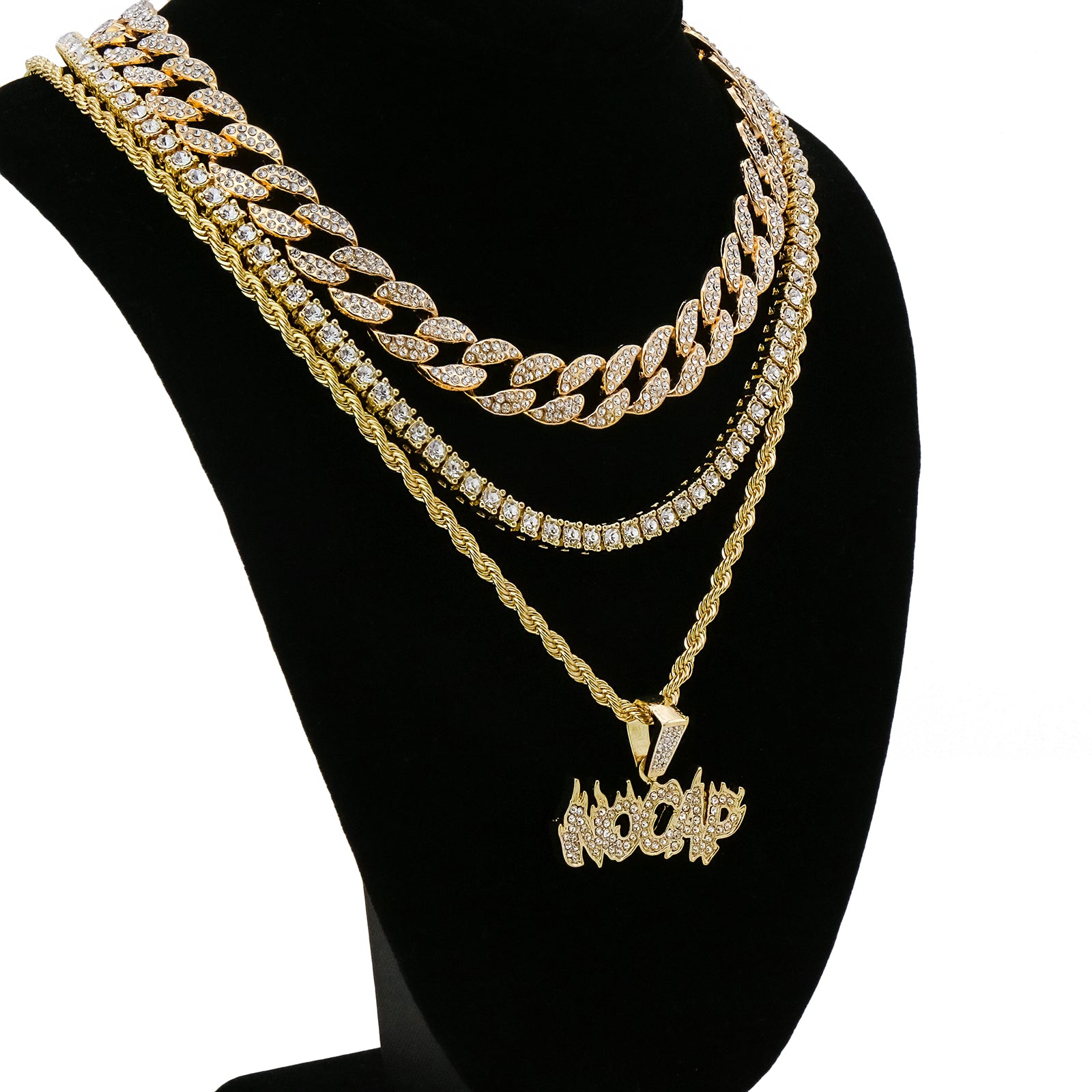No Cap 4 Pcs Set Cuban, Tennis Clear Cz & Rope Chain Bundle Gold PT