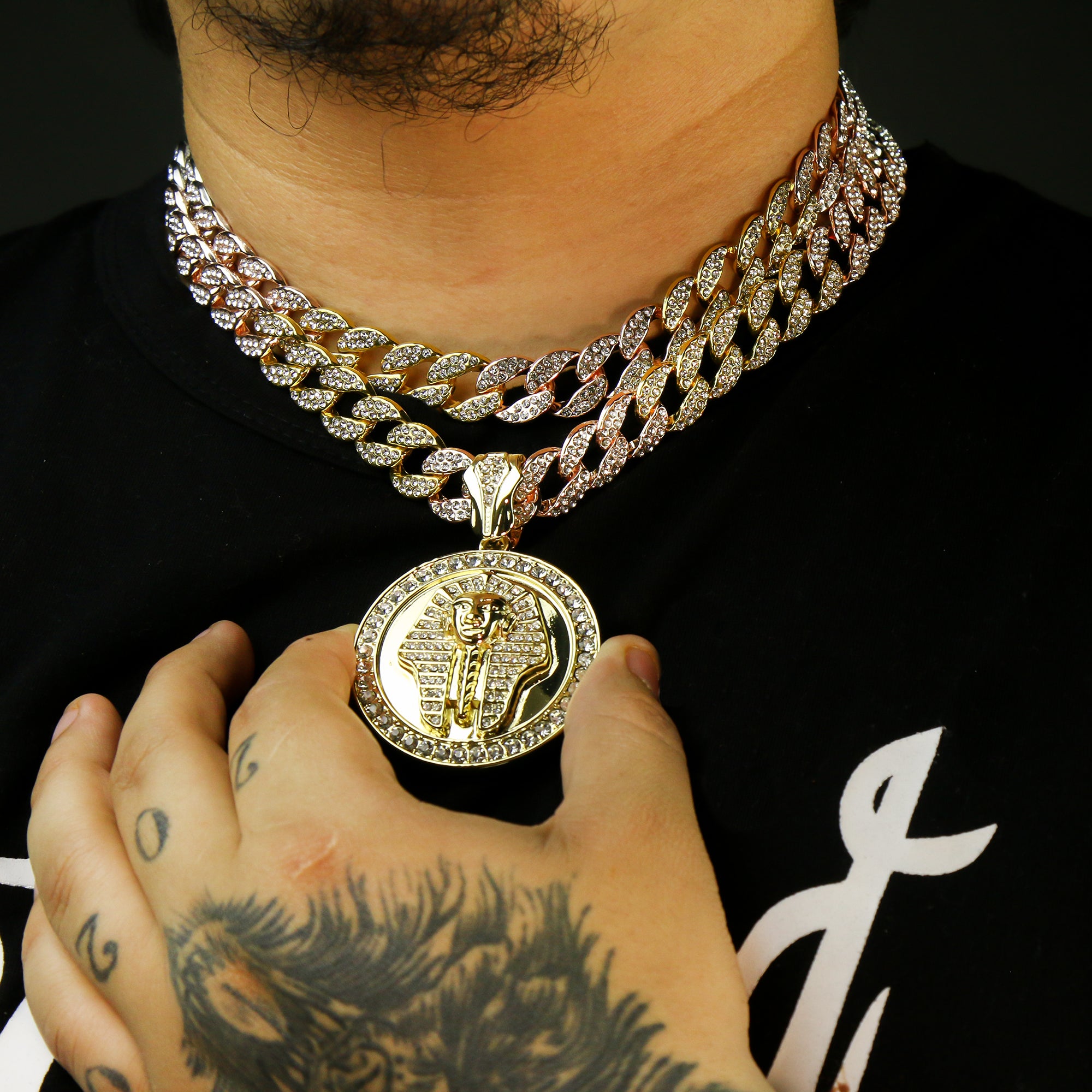 3pc Set Round Pharaoh Gold Pt 18,20" Fully Cz Hip Hop 3 Tone Cuban Choker Chain