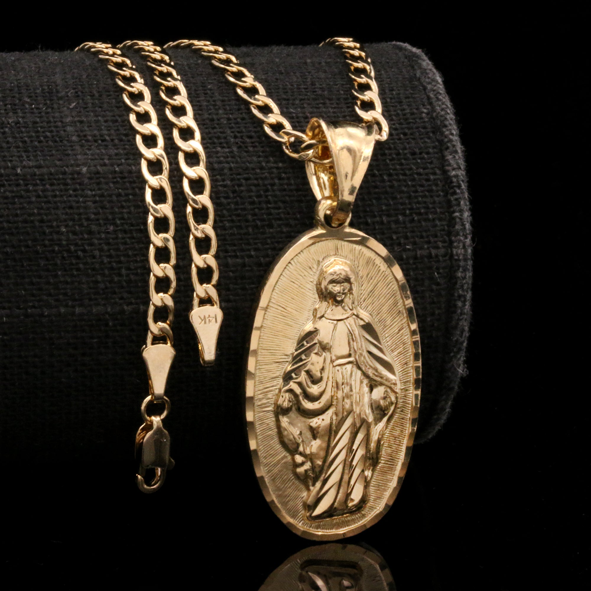 Our Lady Of Guadalupe Diamond Cut Pendant Cuban Chain 14k Gold PT