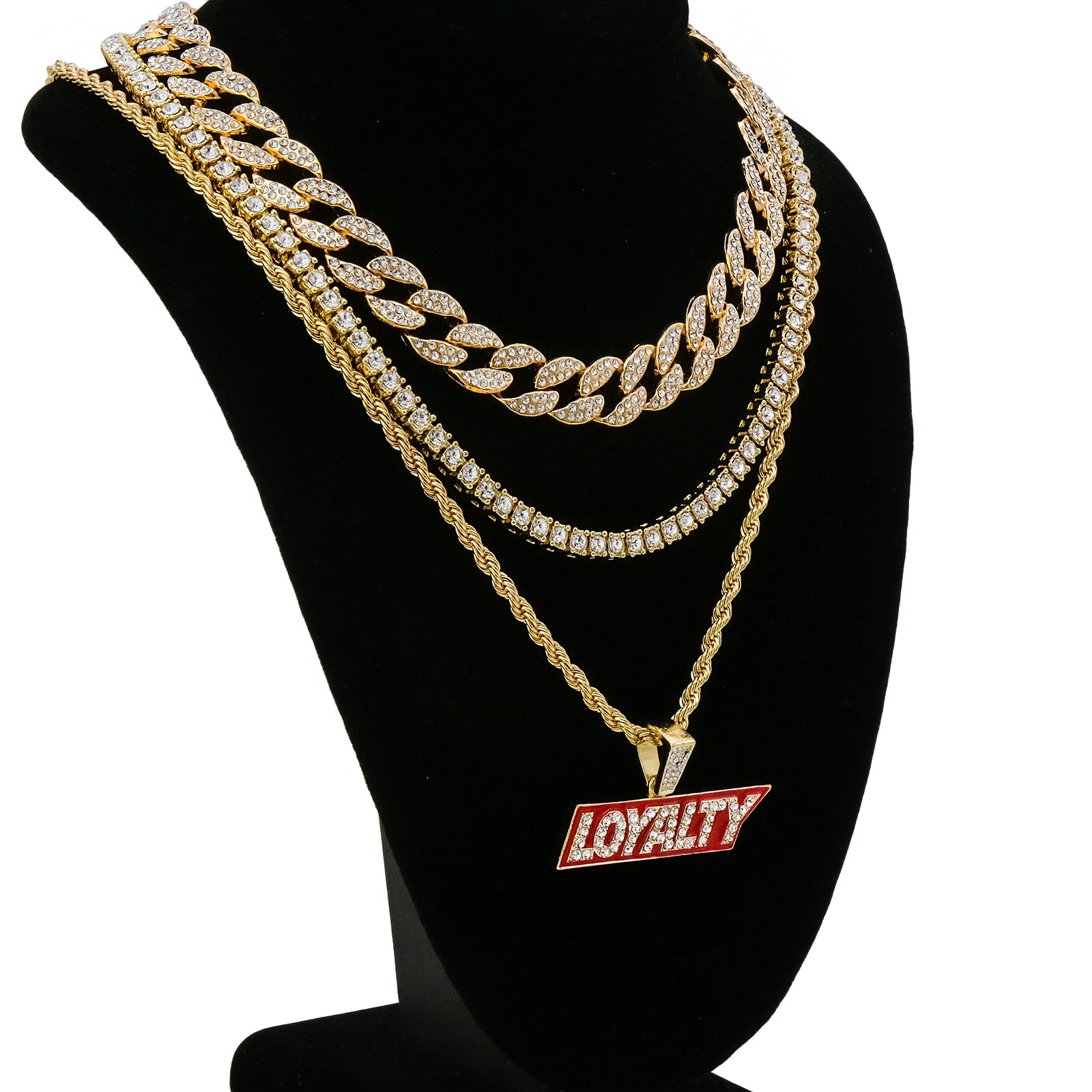 Loyalty 4 Pcs Set Cuban, Tennis Clear Cz & Rope Chain Bundle Gold PT