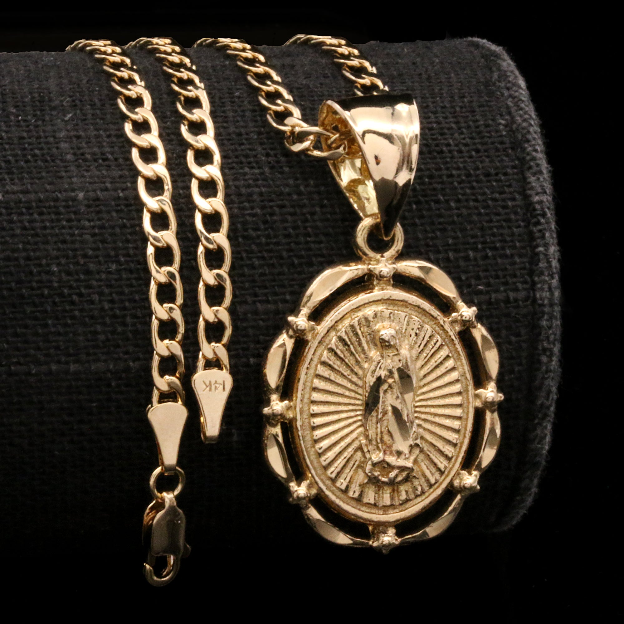 Virgin Mary Diamond Cut Hollow Pendant Cuban Chain 14k Gold PT