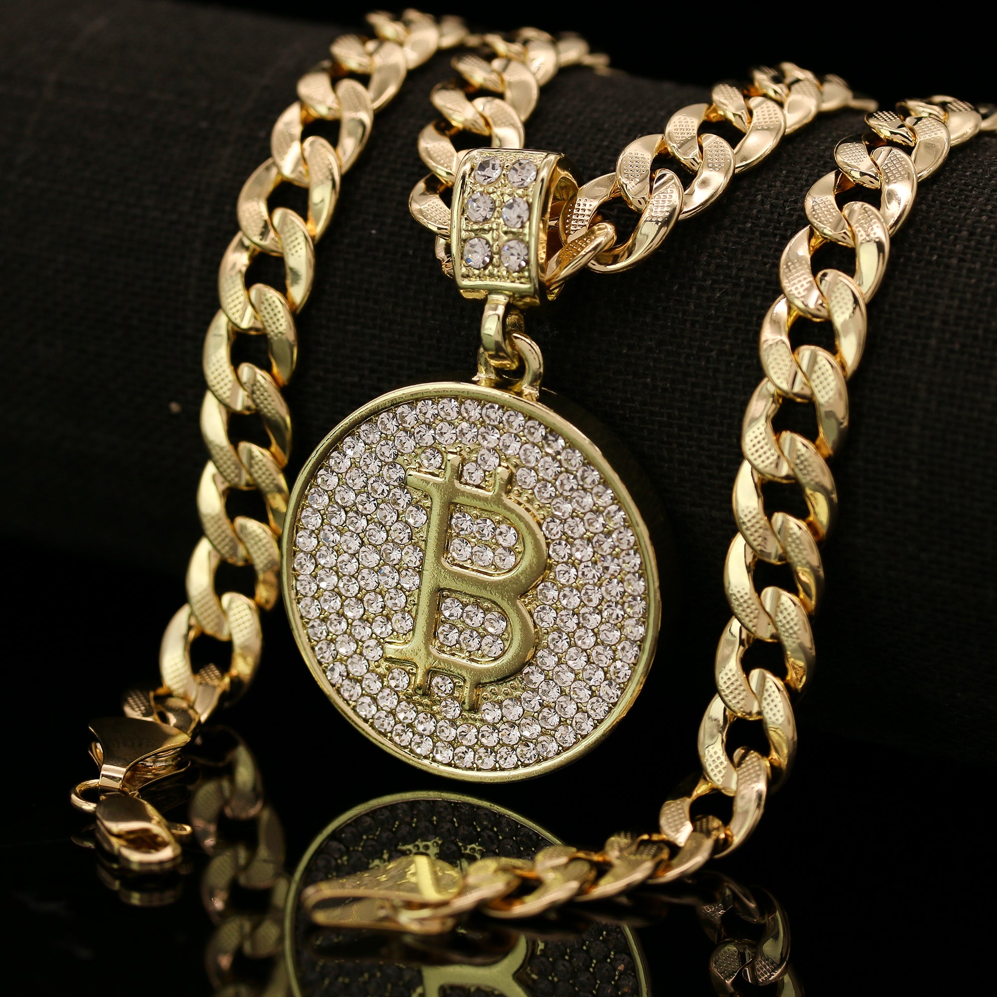 14k Gold Plated Medium Size Cz Bitcoin w/ 10mm 24" Frost Cuban Choker Chain