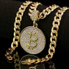 14k Gold Plated Medium Size Cz Bitcoin w/ 10mm 24" Frost Cuban Choker Chain