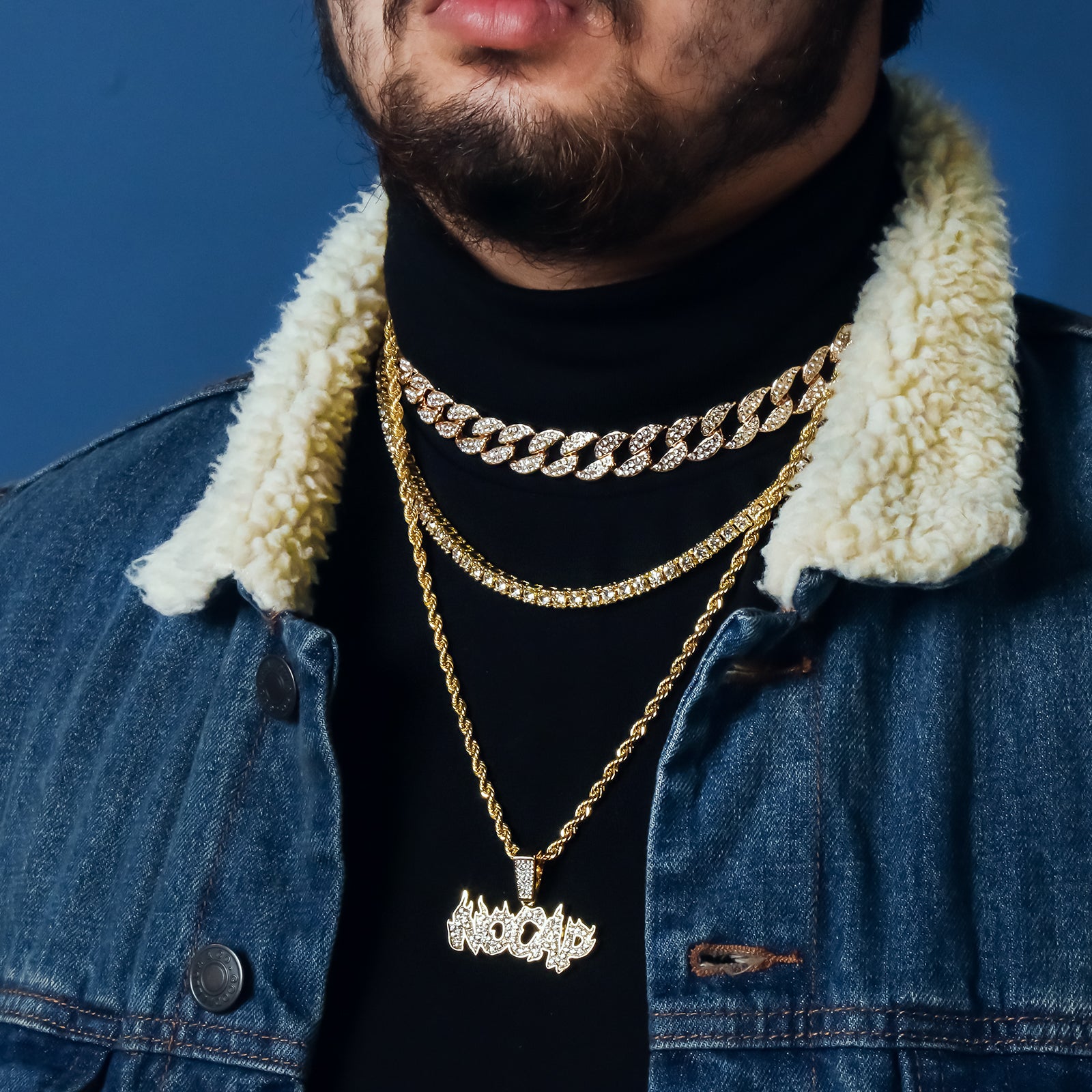 No Cap 4 Pcs Set Cuban, Tennis Clear Cz & Rope Chain Bundle Gold PT