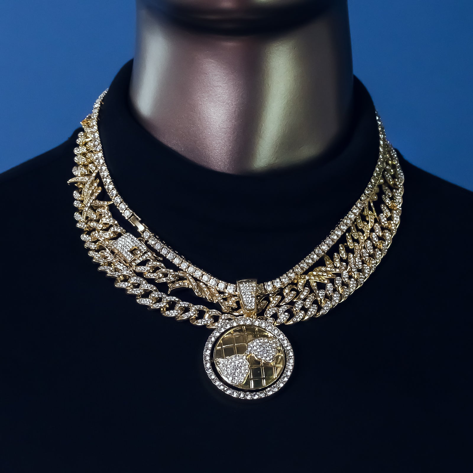 World Spinner Cz 4 Pcs Set Barb Wire Spike Chain, Tennis Chain & Miami Cuban Chain Bundle Gold PT