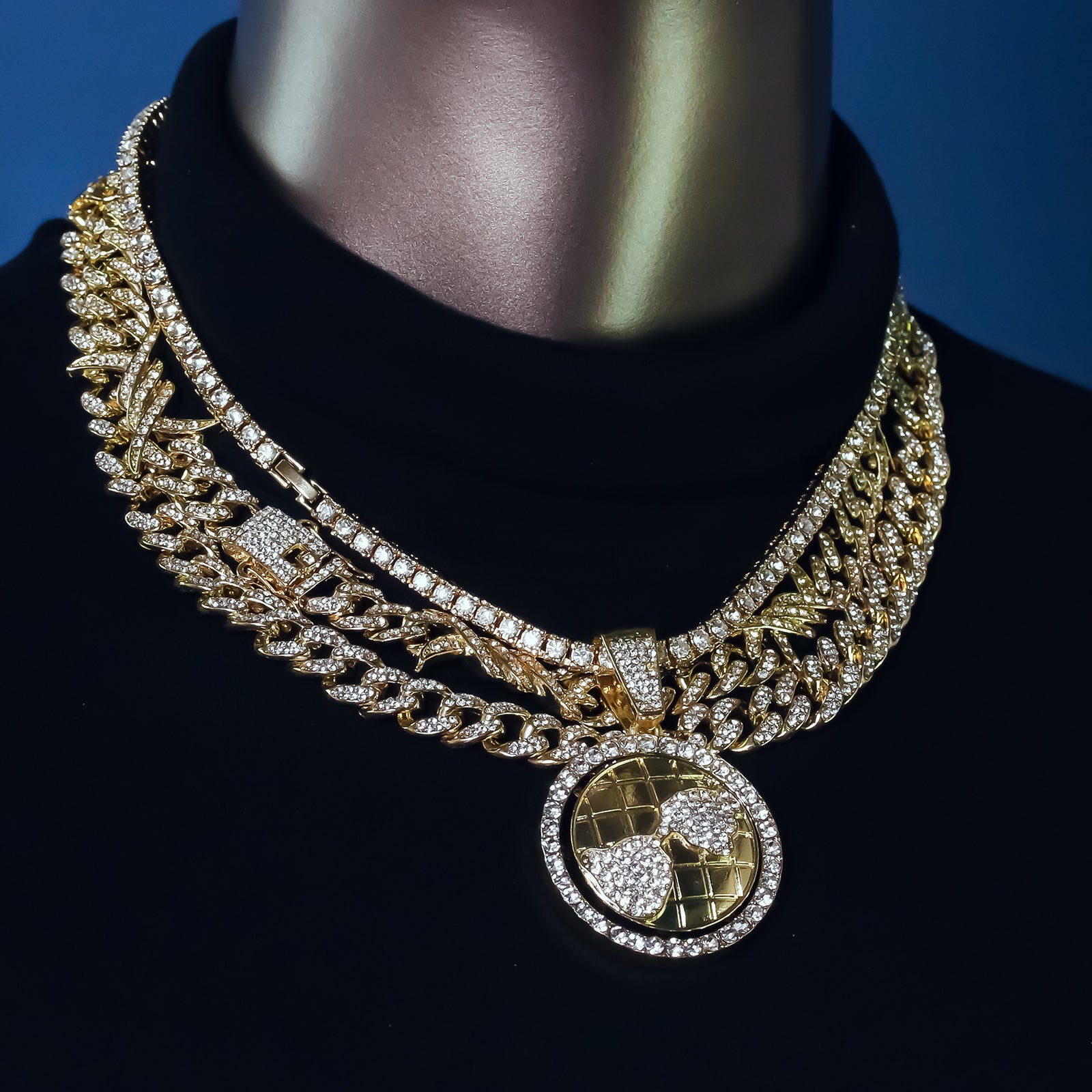 World Spinner Cz 4 Pcs Set Barb Wire Spike Chain, Tennis Chain & Miami Cuban Chain Bundle Gold PT