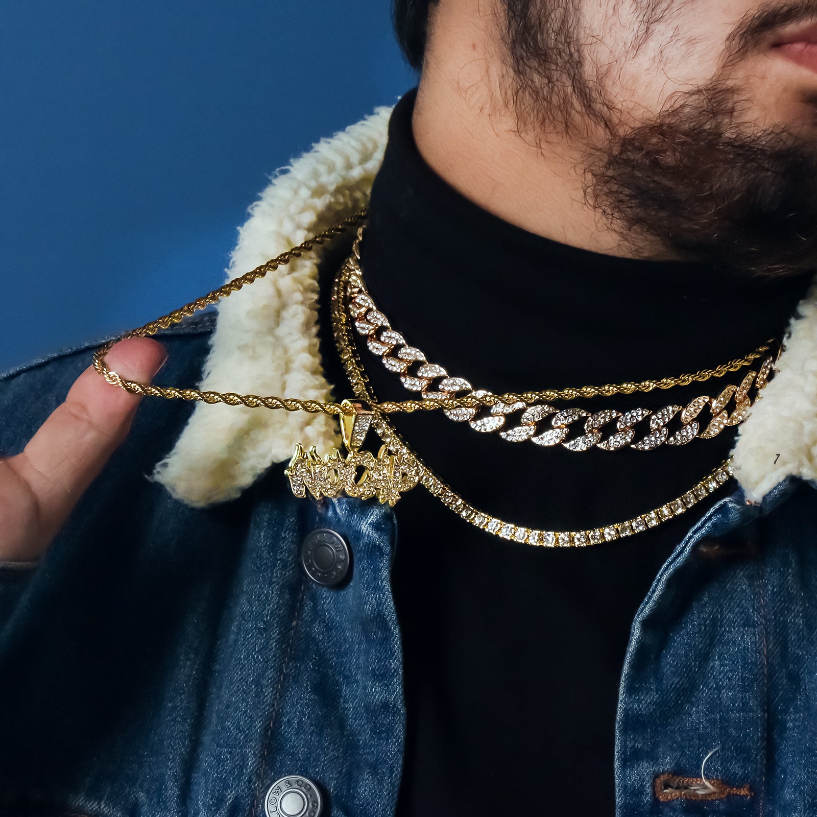No Cap 4 Pcs Set Cuban, Tennis Clear Cz & Rope Chain Bundle Gold PT