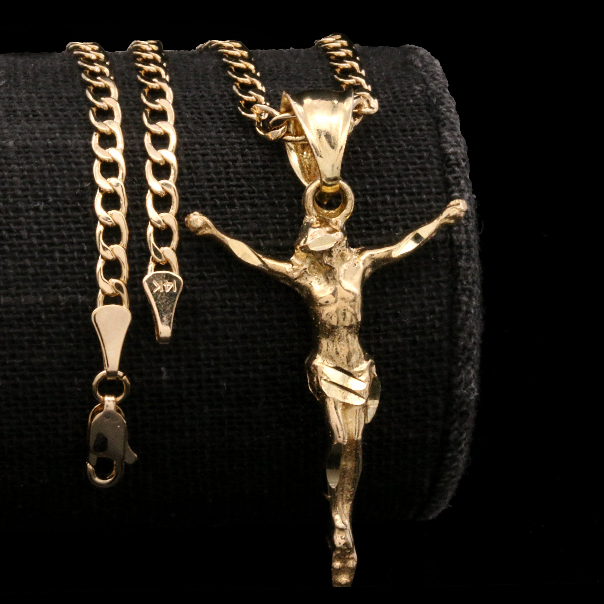 Jesus Crucifix Diamond Cut Pendant Cuban Chain 14k Gold PT