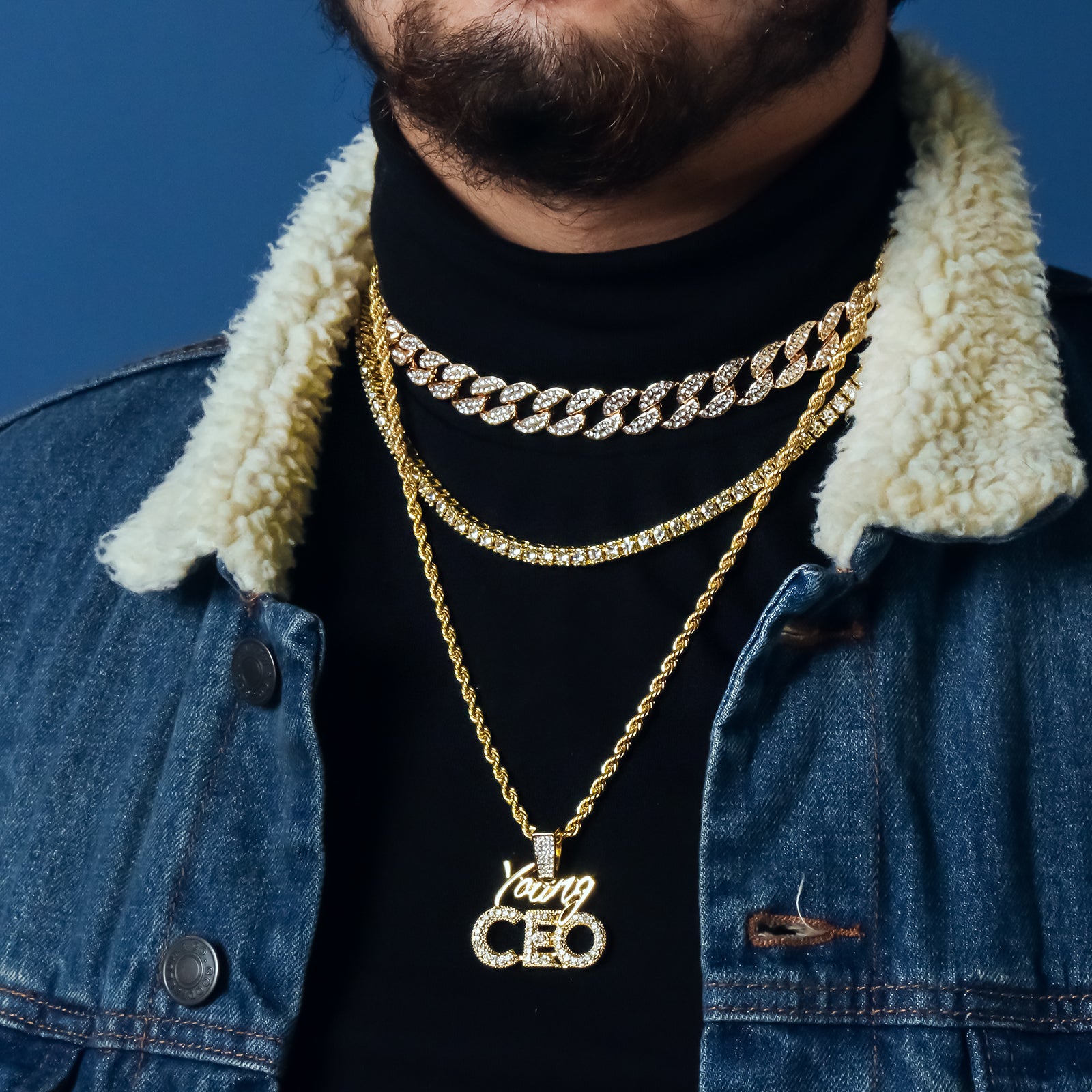 Young CEO 4 Pcs Set Cuban, Tennis Clear Cz & Rope Chain Bundle Gold PT