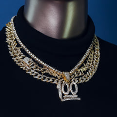 100 Emoji Cz 4 Pcs Set Barb Wire Spike Chain, Tennis Chain & Miami Cuban Chain Bundle Gold PT