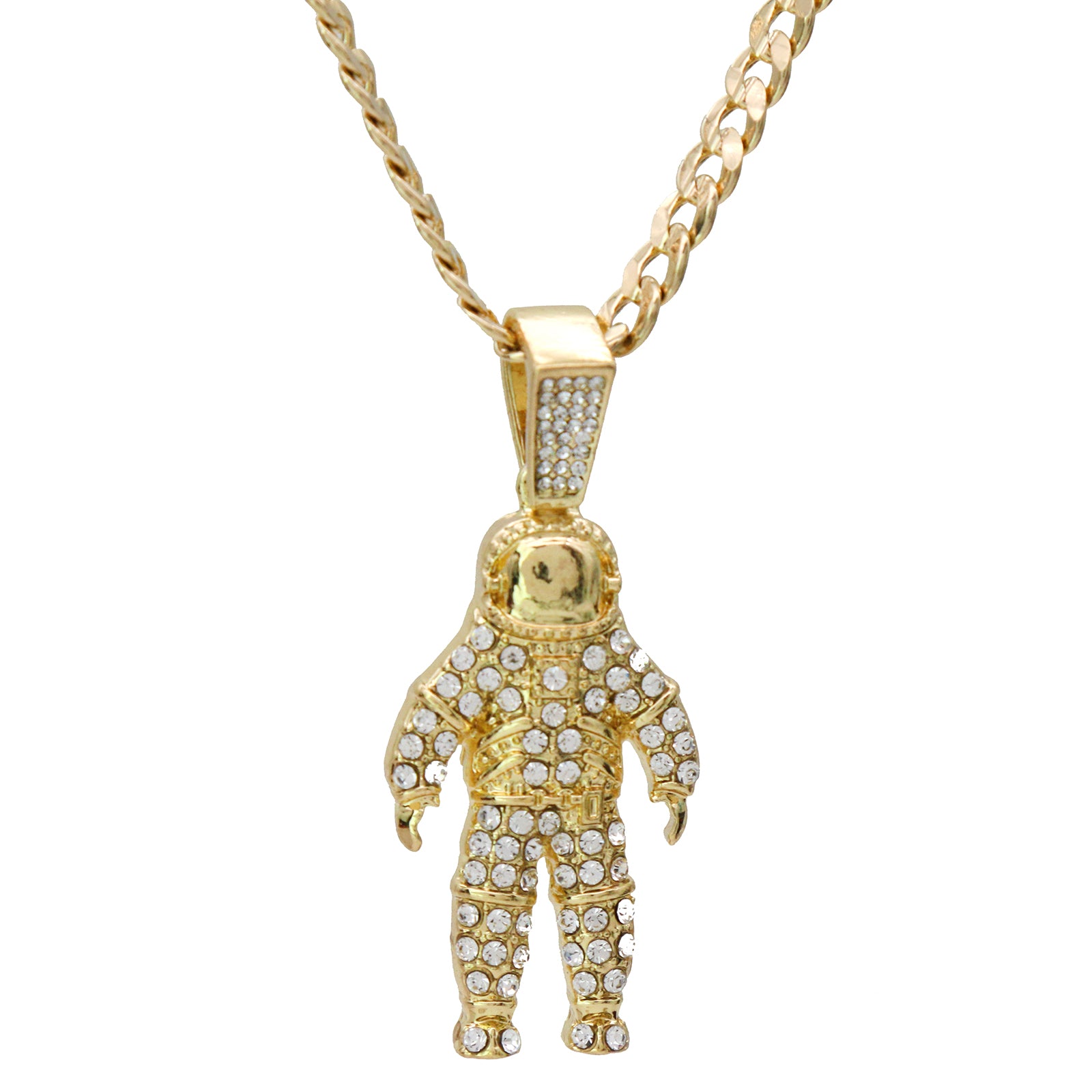 Exquisite Fully Iced Astronaut Space Man 14k Gold PT Pendant 24" Cuban Chain
