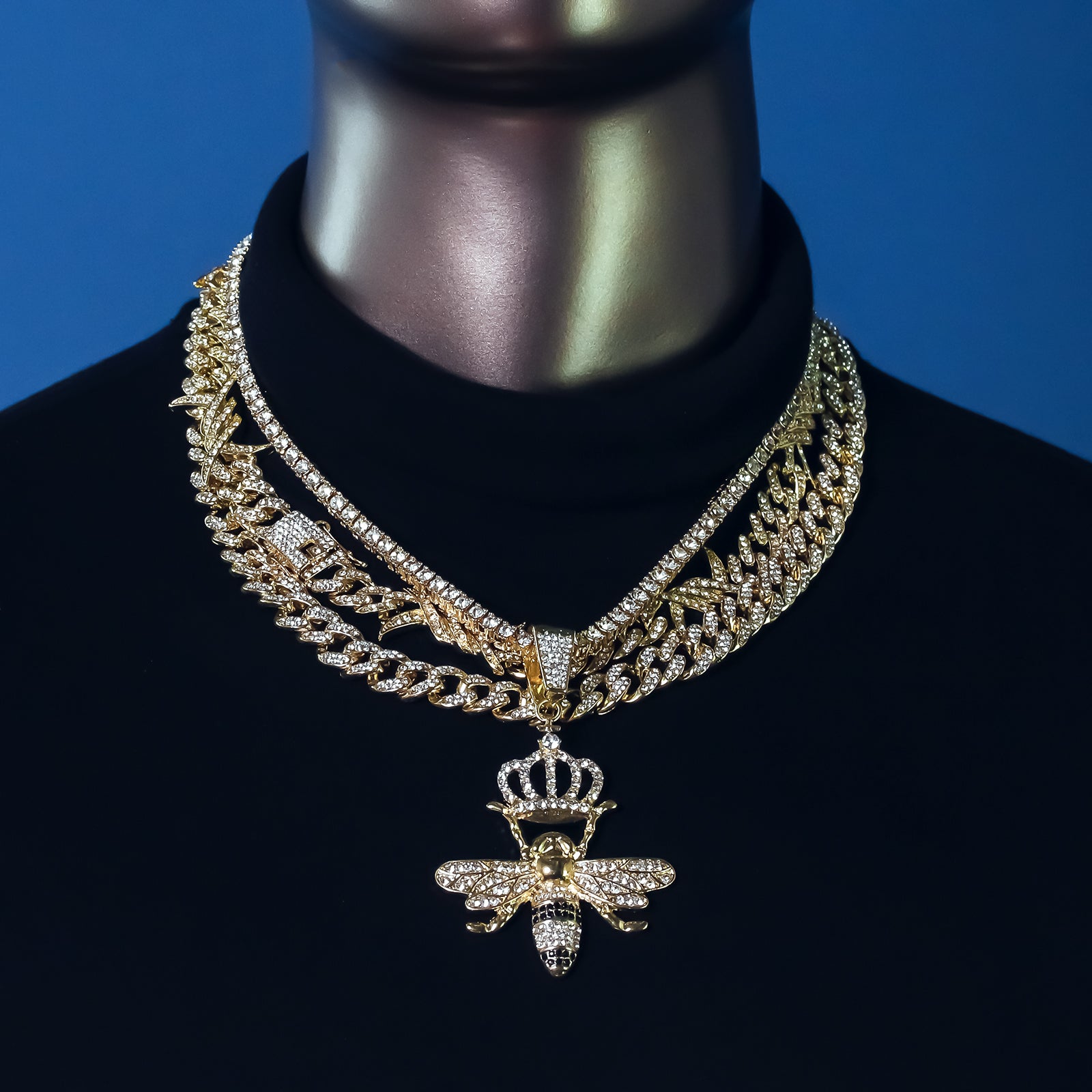 Crown Bee Cz 4 Pcs Set Barb Wire Spike Chain, Tennis Chain & Miami Cuban Chain Bundle Gold PT