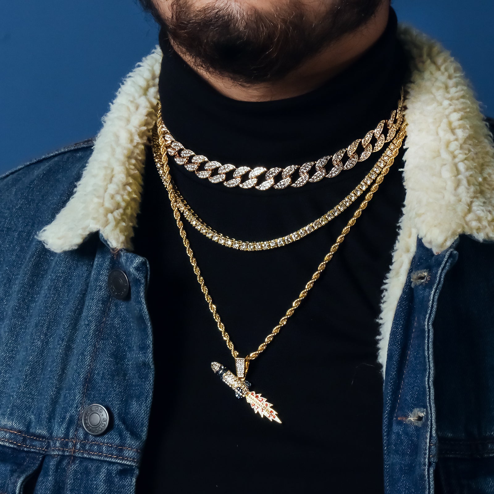 Rocket 4 Pcs Set Cuban, Tennis Clear Cz & Rope Chain Bundle Gold PT