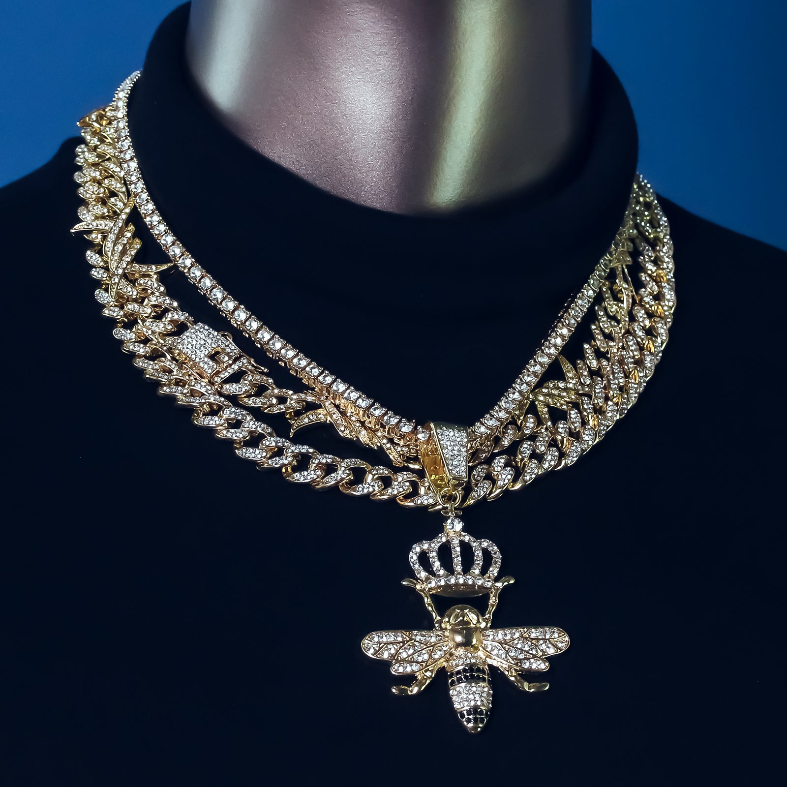 Crown Bee Cz 4 Pcs Set Barb Wire Spike Chain, Tennis Chain & Miami Cuban Chain Bundle Gold PT