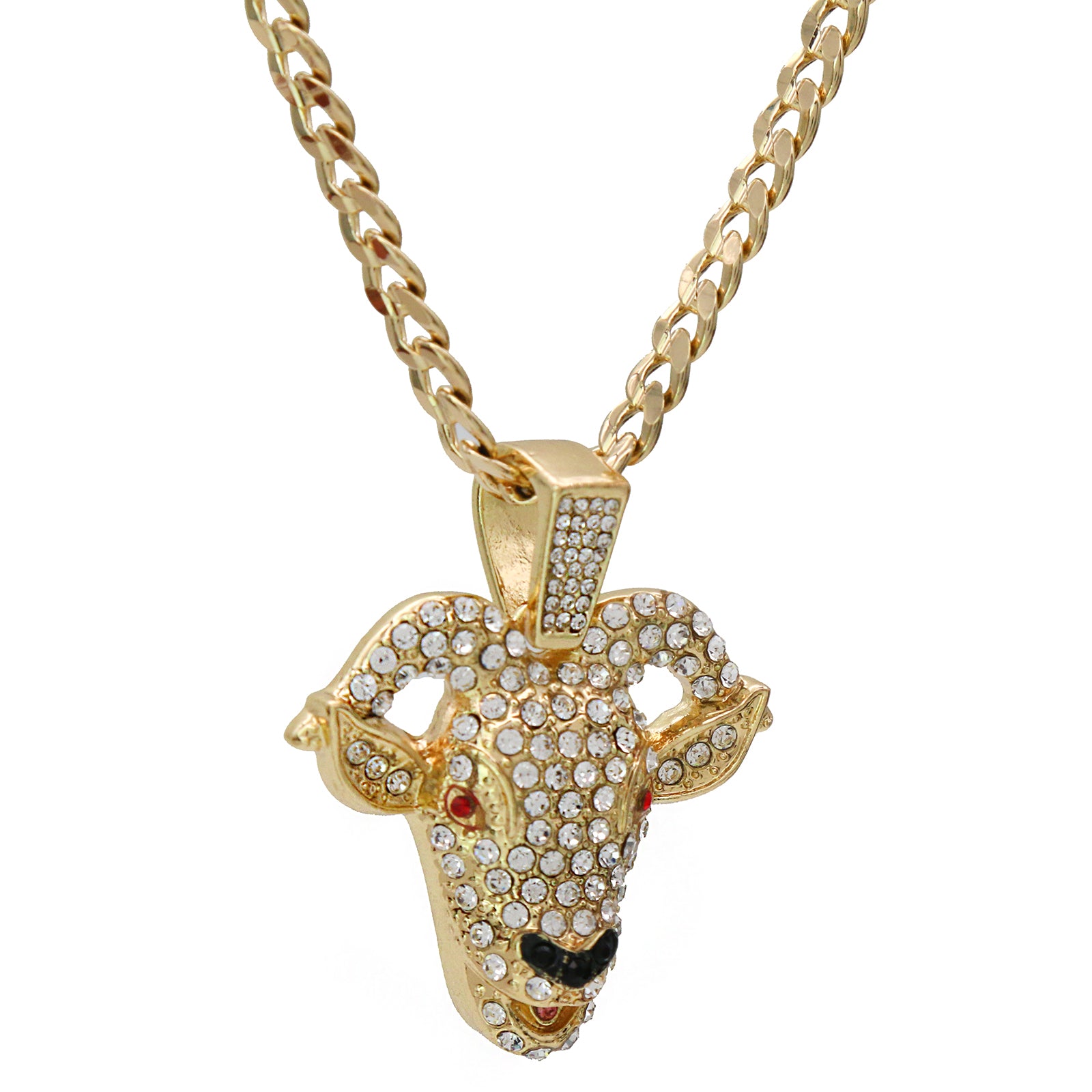 Fully Iced GOAT Head Red Eye 14k Gold PT Pendant 6mm 24" inches Cuban Chain